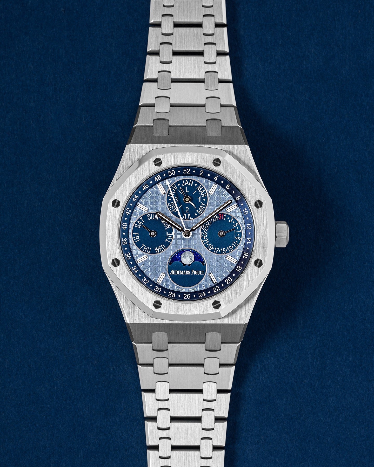 Blue AP Royal Oak Perpetual Calendar 26574ST.OO.1220ST.03 | Grand Caliber Watches