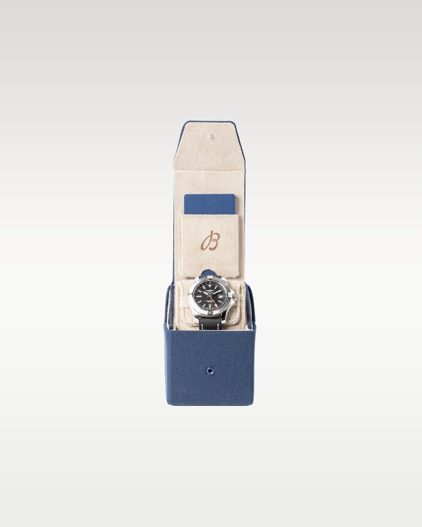 Brand new Breitling Avenger Automatic GMT 43 A32397 complete full set showing the sustainable blue fabric watch pouch box