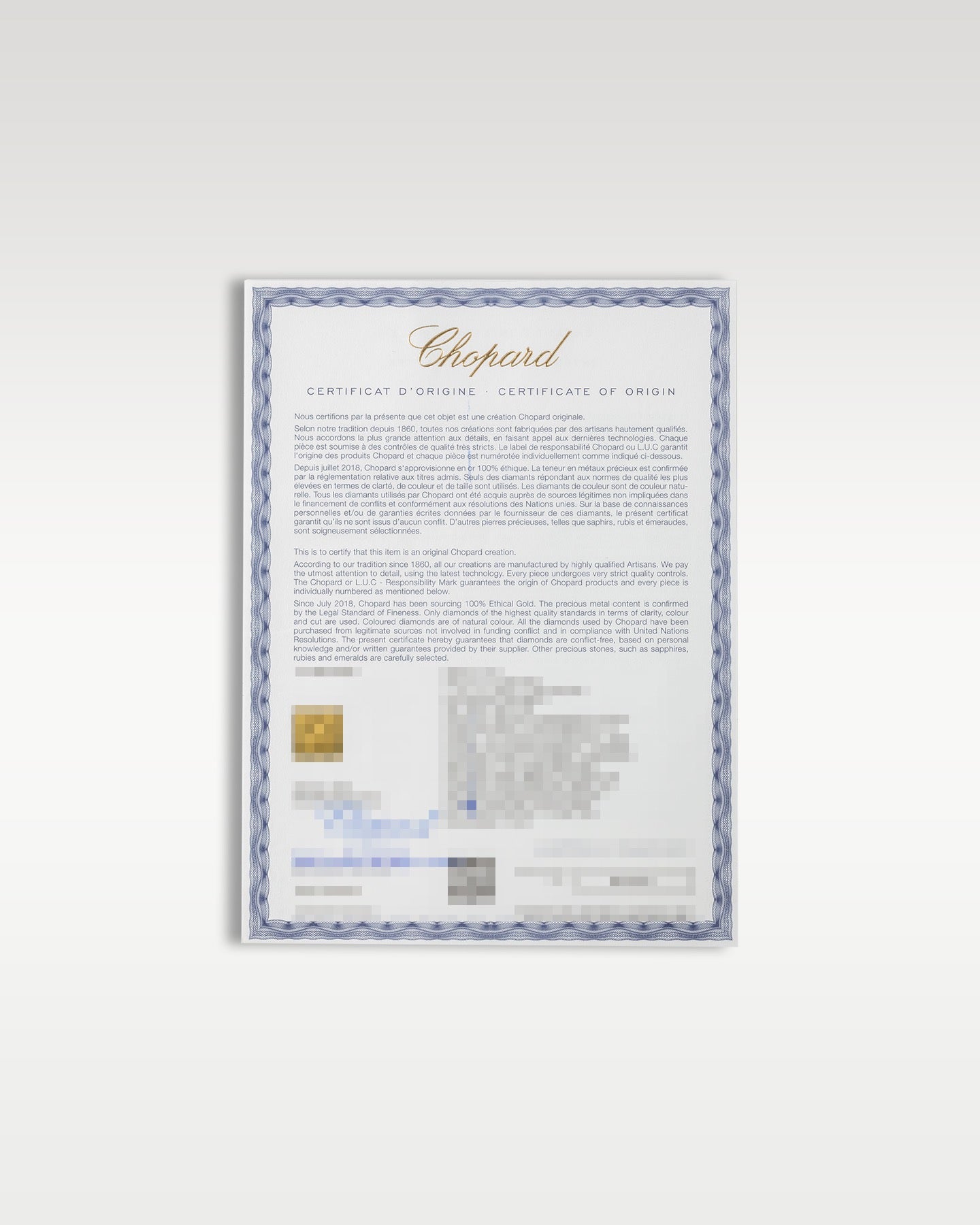 Official Chopard Poinçon de Genève hallmark certification sheet and international warranty documentation