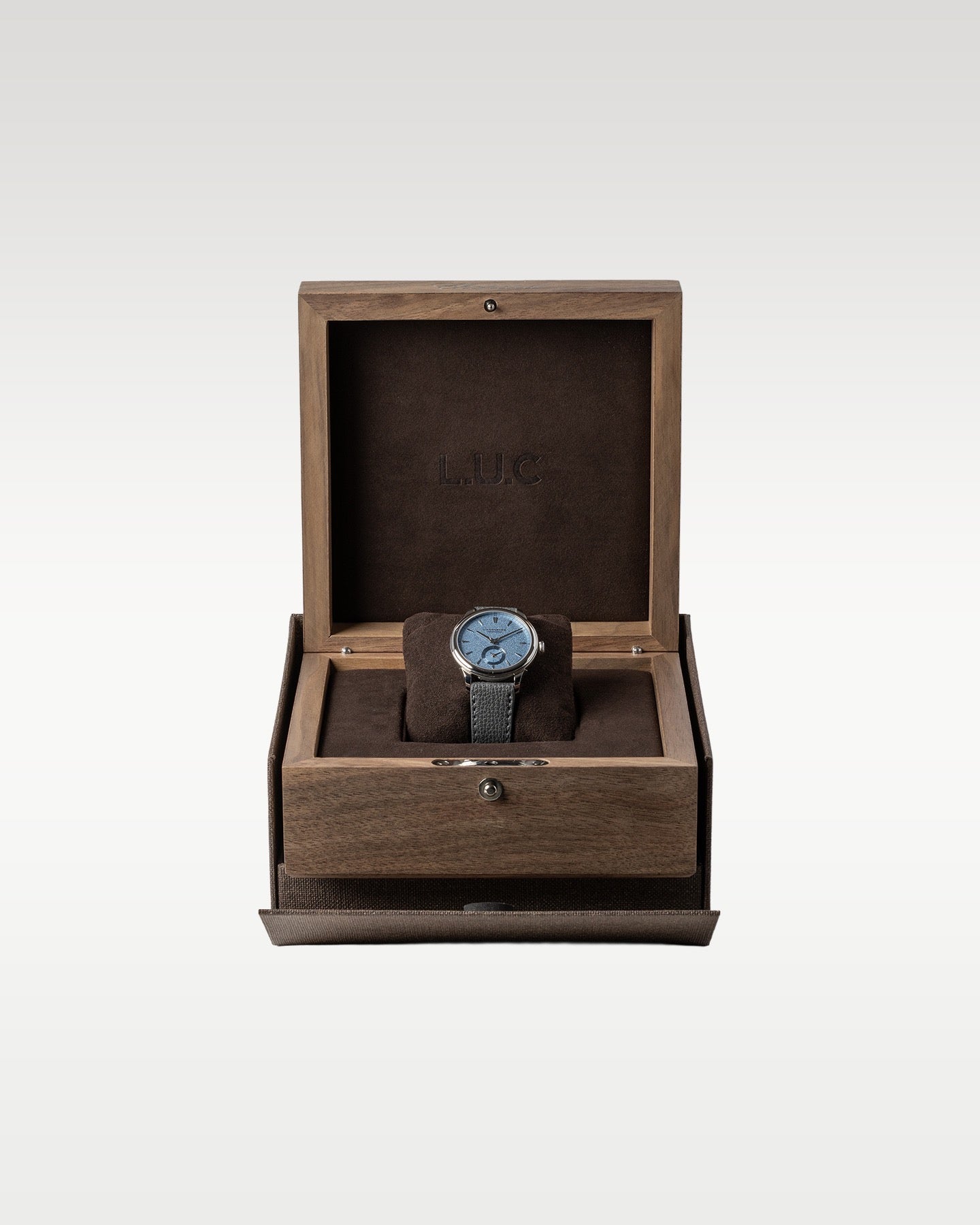 Brand new 2026 Chopard L.U.C. Quattro 161954-9001 platinum full set presentation with its original brown wooden luxury watch box