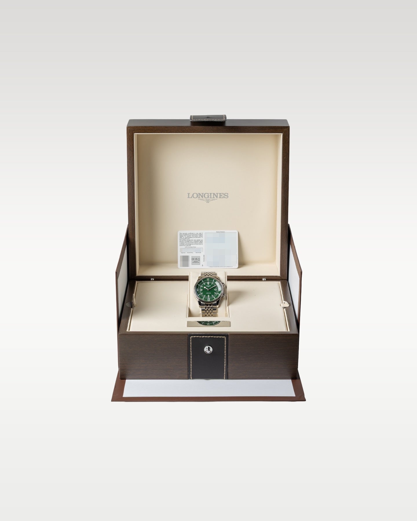 Pre owned 2026 Longines Legend Diver 39mm green dial L3.764.4.06.6 complete full set presentation with its original dark brown luxury watch box