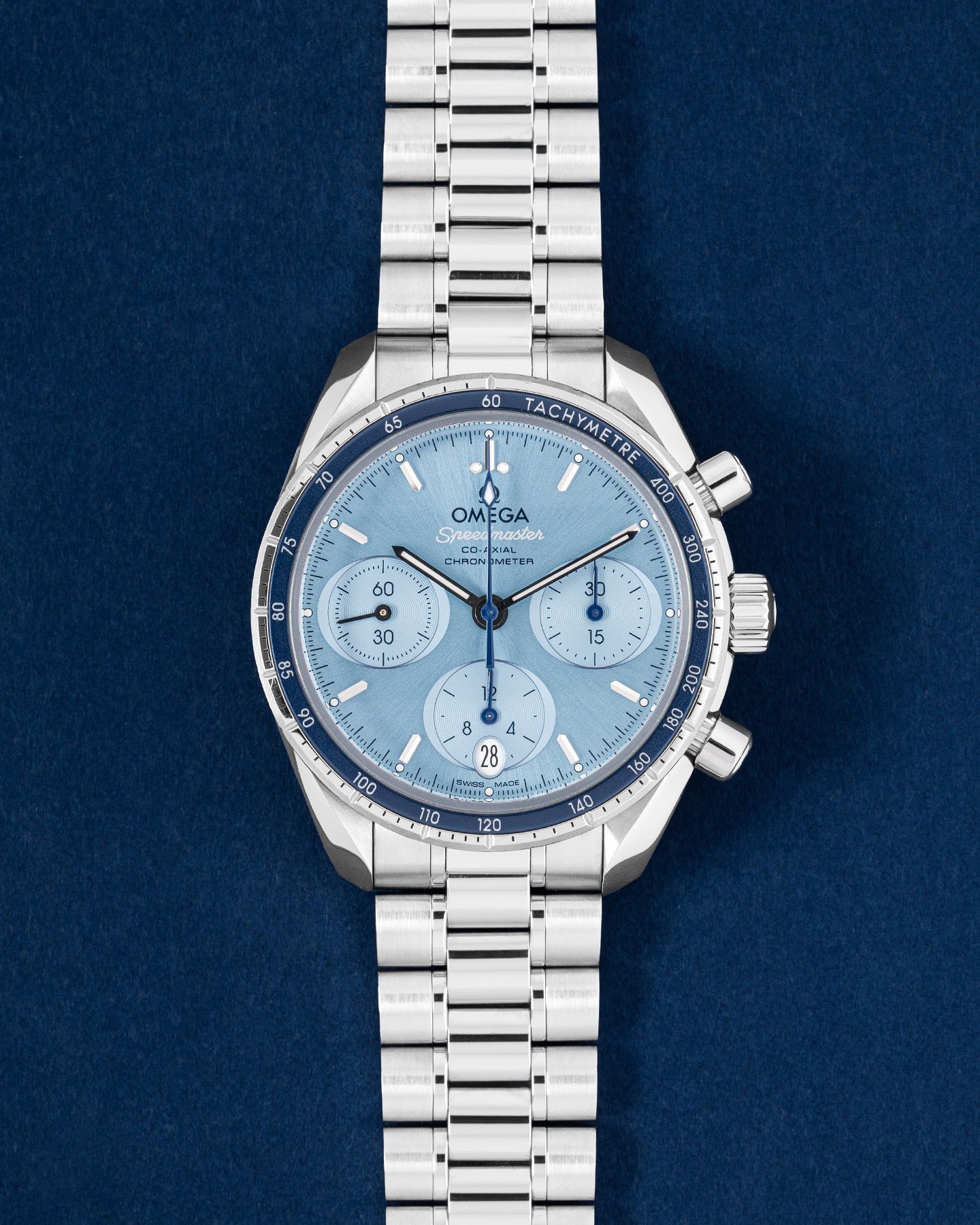 blue Omega Speedmaster Chronograph 38 Co-Axial | Grand Caliber Watches