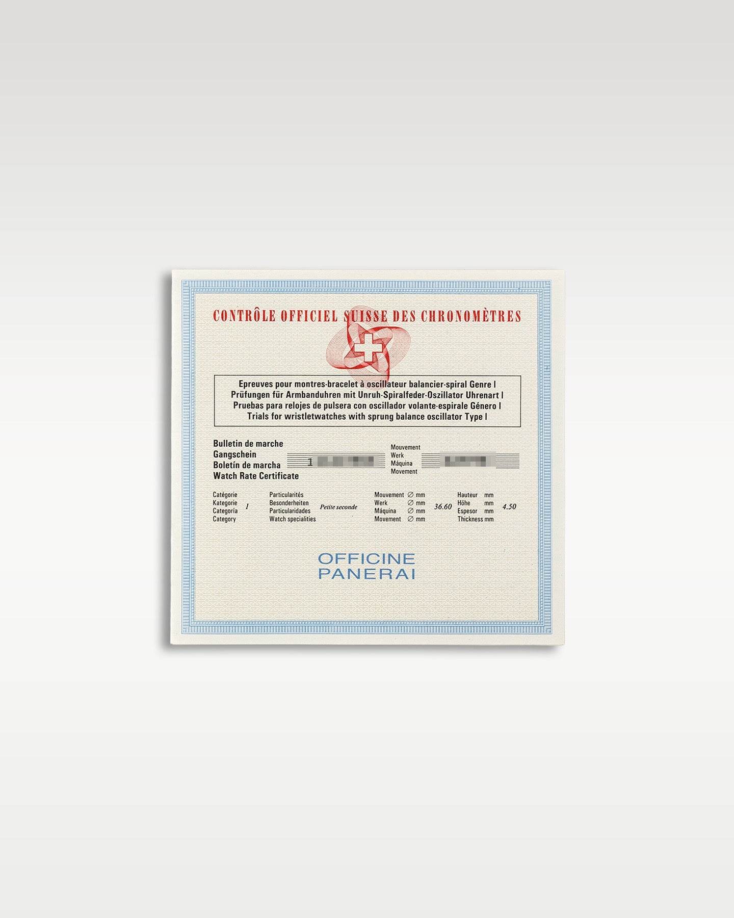 A clear flat lay shot of the official paper COSC chronometer certificate document accompanying the Panerai Luminor Marina Logo PAM 00005 at Grand Caliber in Dallas, Texas