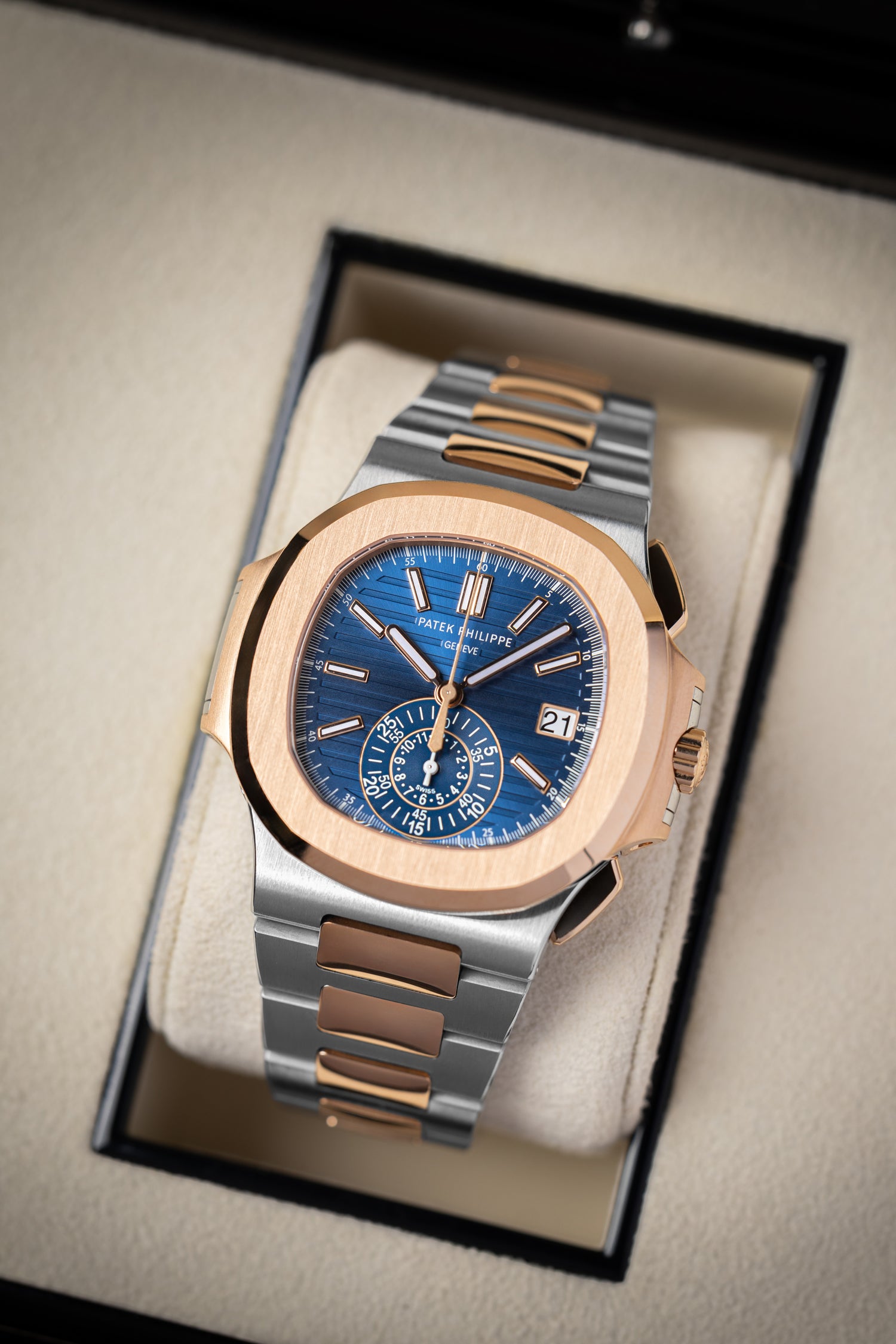 40.5mm Two Tone Rose Gold Patek Philippe Nautilus 5980 Blue Dial Watch