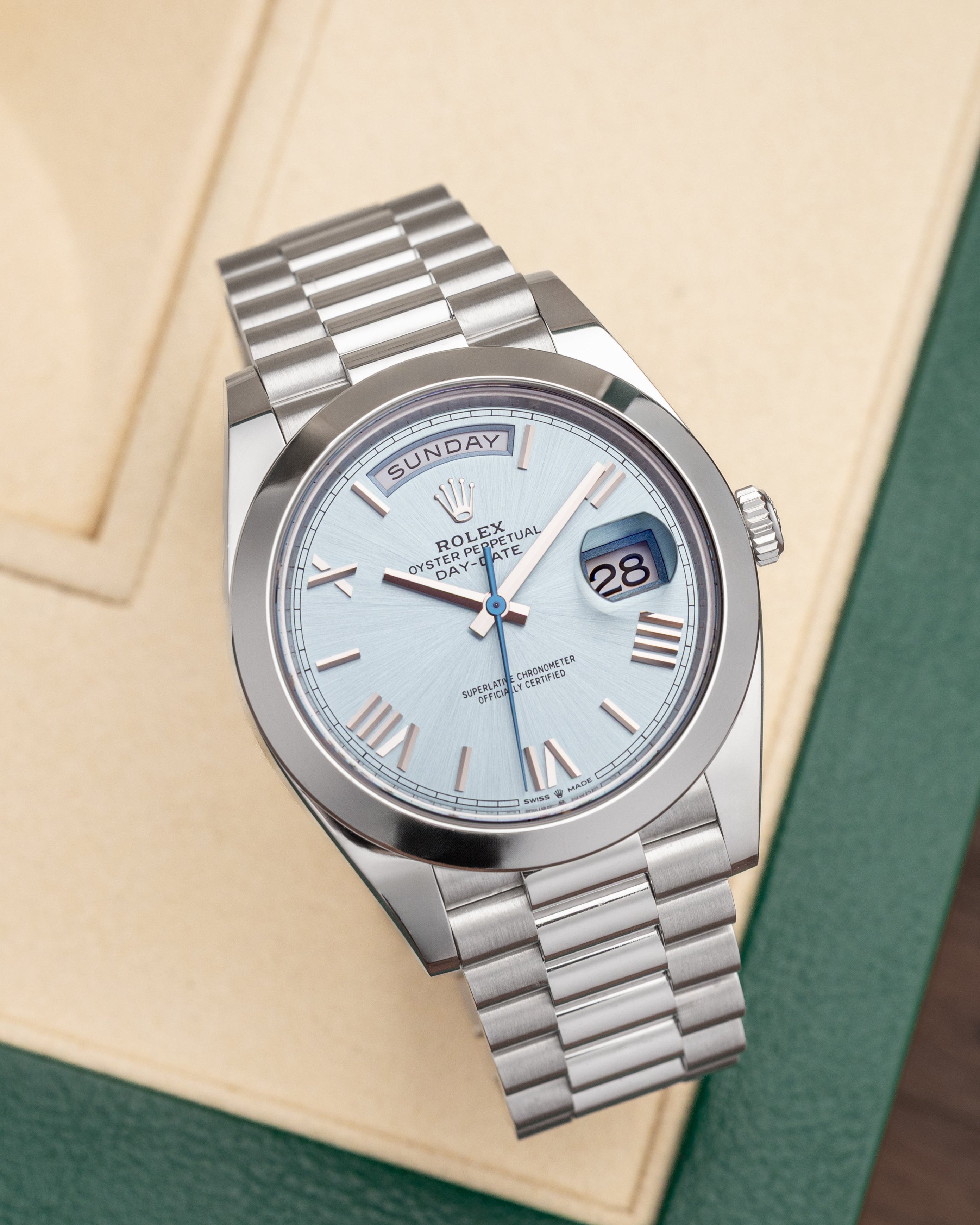 2022 Platinum Blue Rolex Day Date 228206 | Grand Caliber Dallas, TX