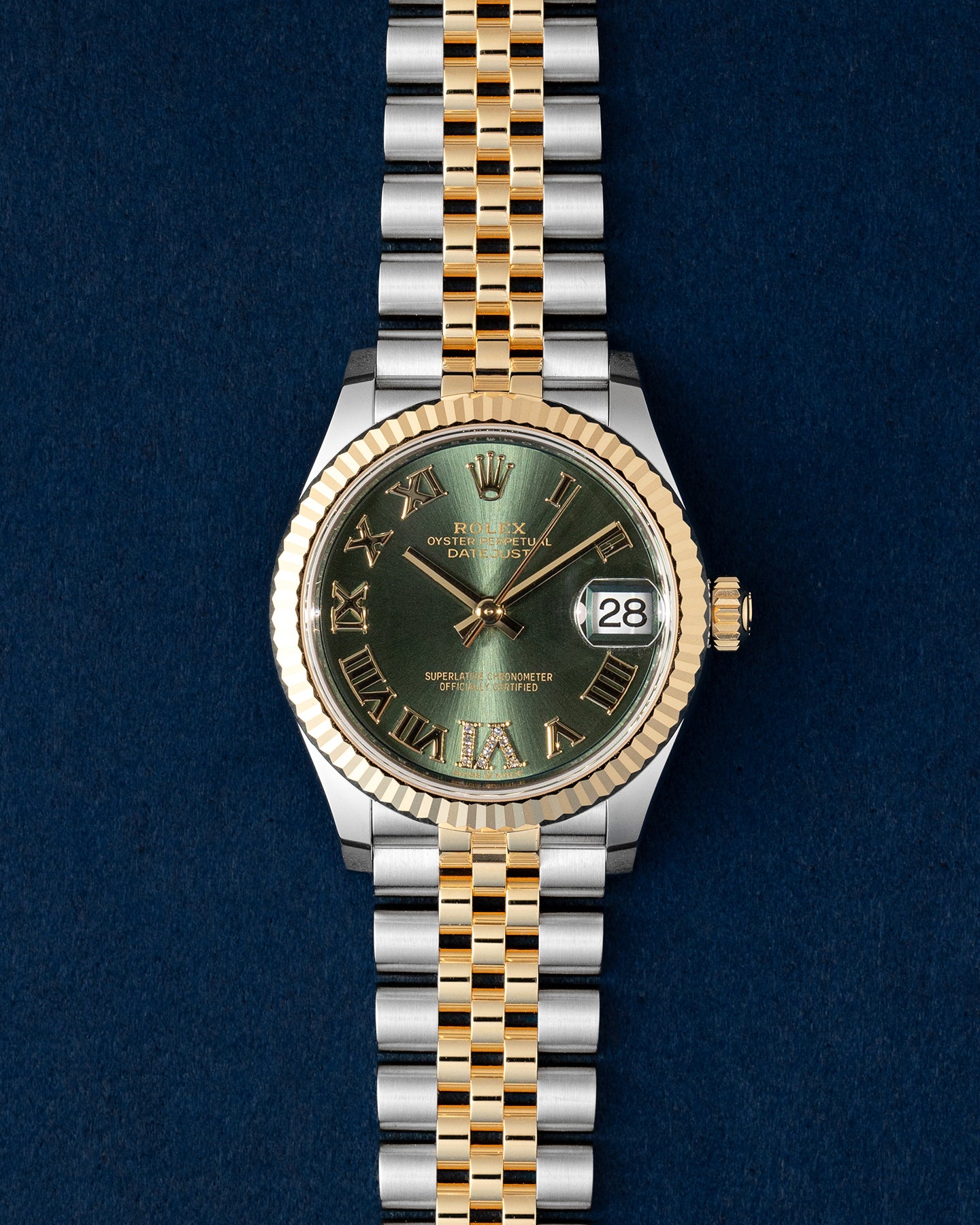 Rolex Datejust Two Tone Yellow Gold Green Dial Jubilee Strap 278273 Watch