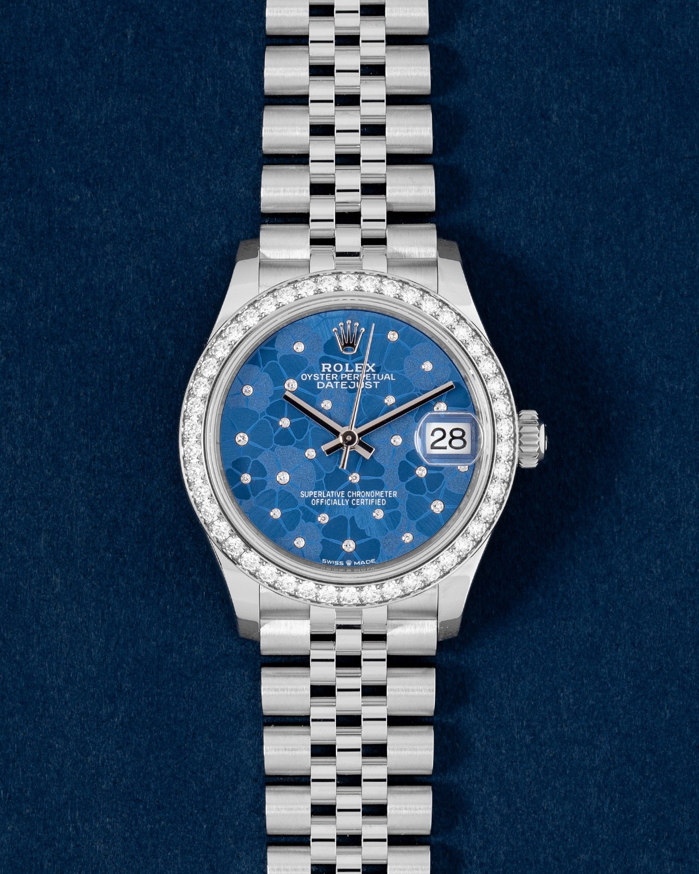 Blue Floral Dial Diamond Bezel Rolex Datejust 278384RBR | Grand Caliber USA
