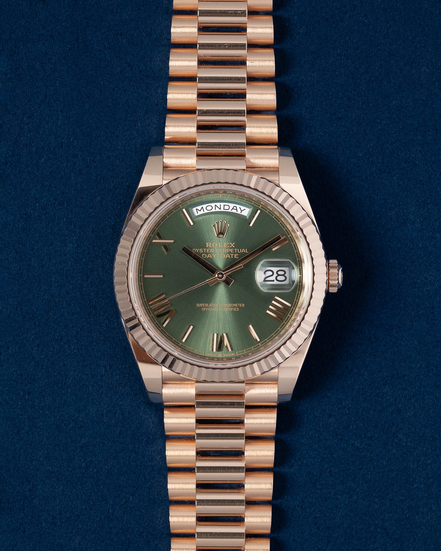 Rose Gold Rolex Day Date 228235 Olive Green Dial Watch at Grand Caliber | Dallas Watch Store