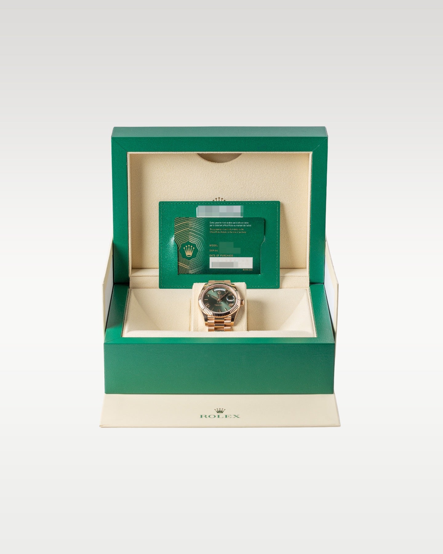 Rose Gold Rolex Day-Date 40 228235 Olive Green Dial | Grand Caliber Watches