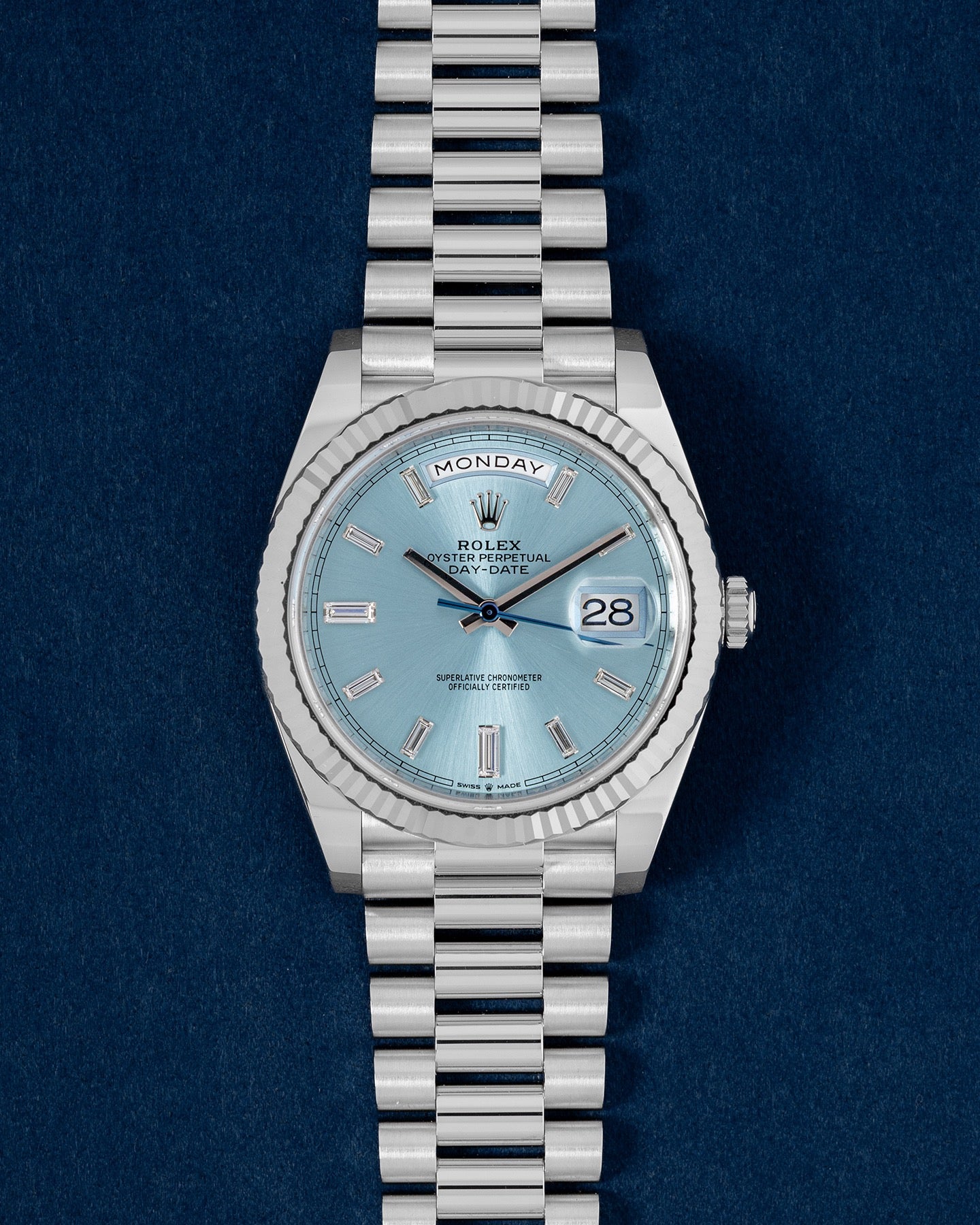 Platinum Rolex Day-Date Ice Blue Dial 228236 | Grand Caliber Watch Store