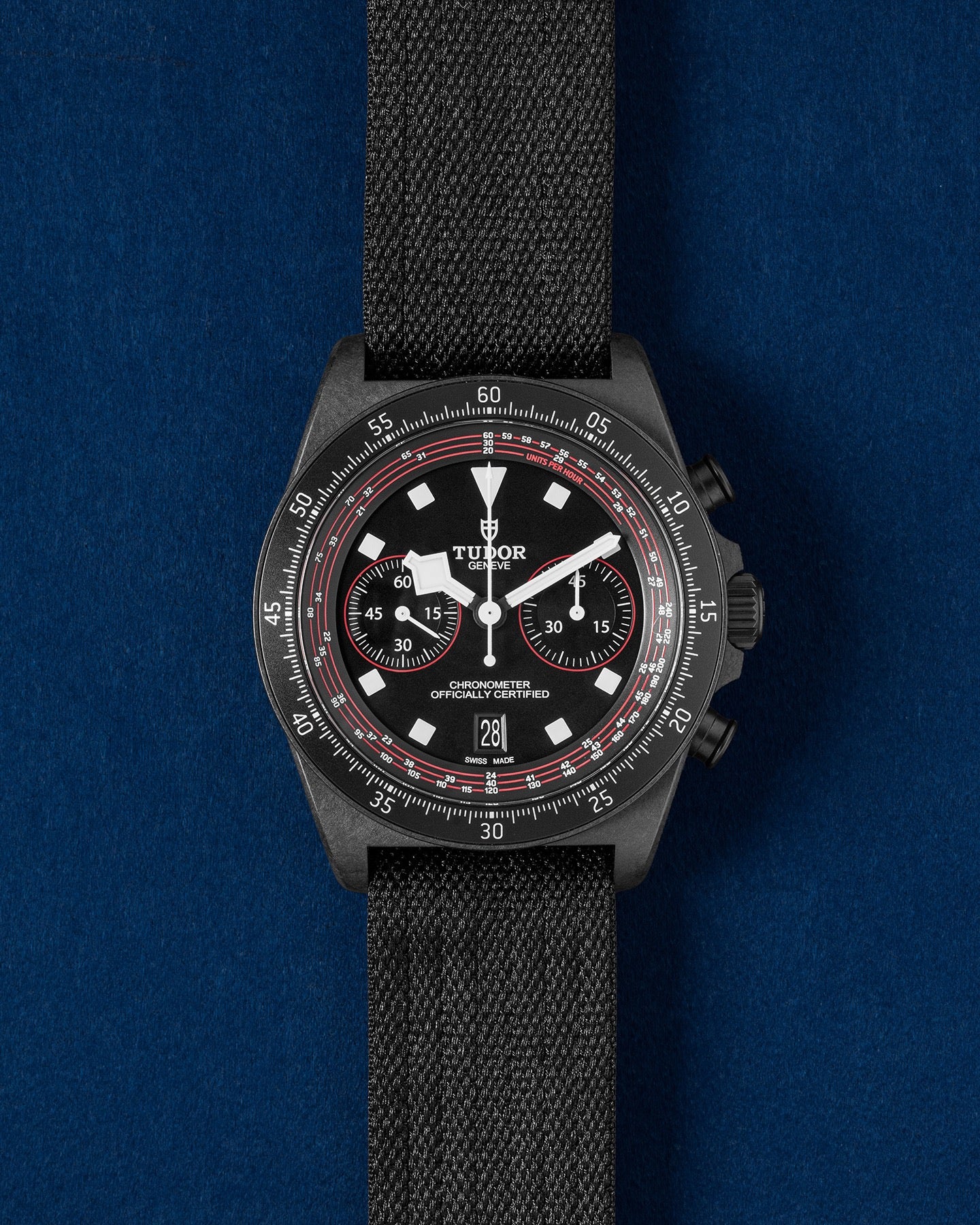 Tudor Pelagos FXD Chrono Cycling Edition watch featuring a matte black carbon composite case, red dial accents and a single-piece black fabric strap