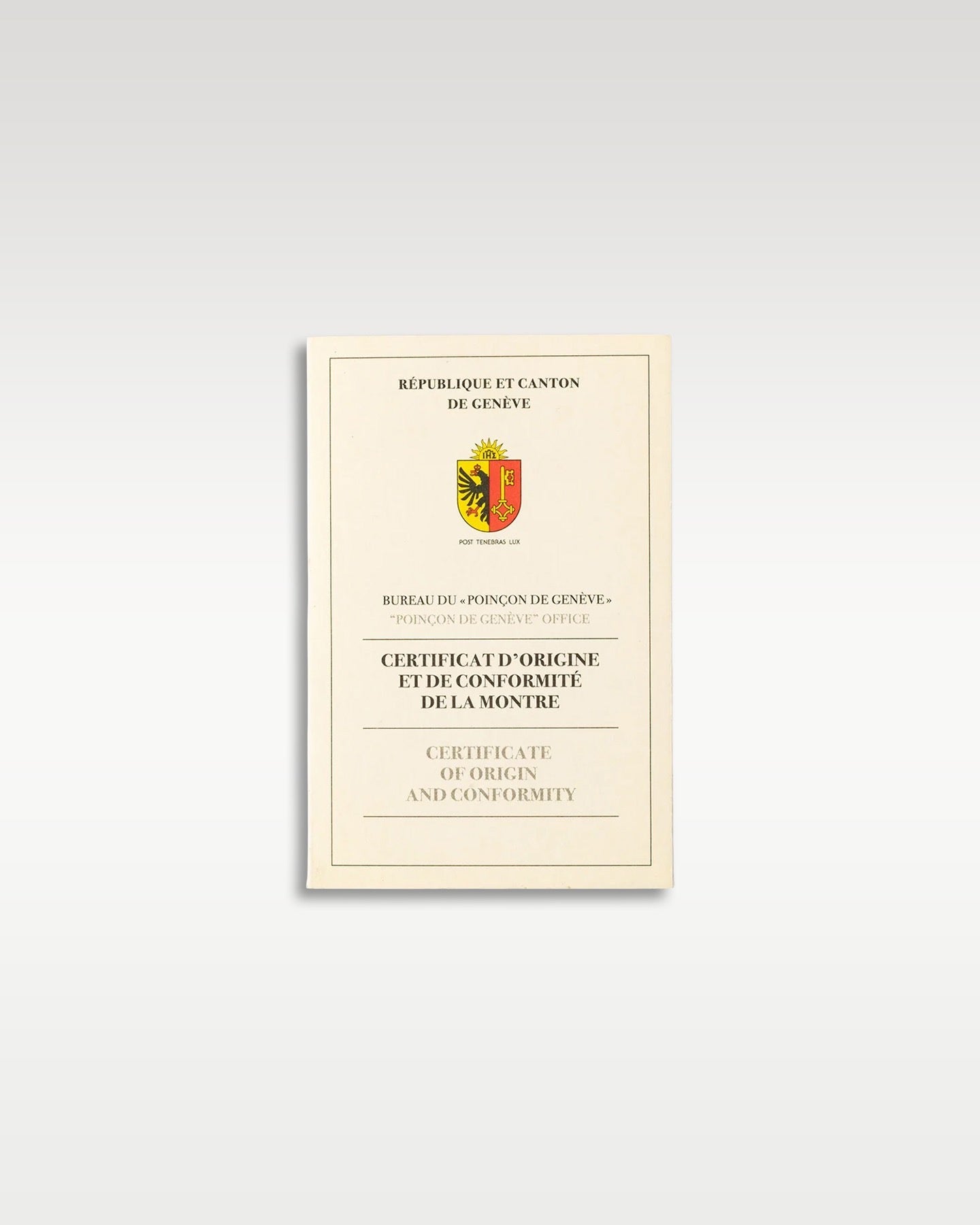 cream-colored Poinçon de Genève Geneva Seal certificate of origin document with a red and yellow heraldic crest