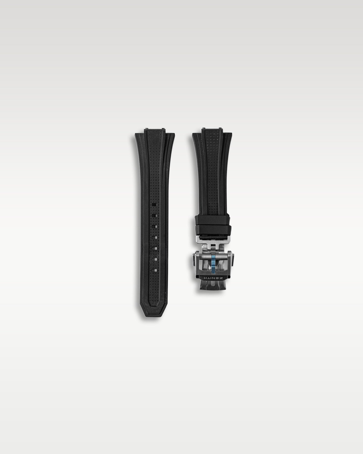 Included secondary black patterned rubber strap featuring the Zenith quick-change interchangeable system