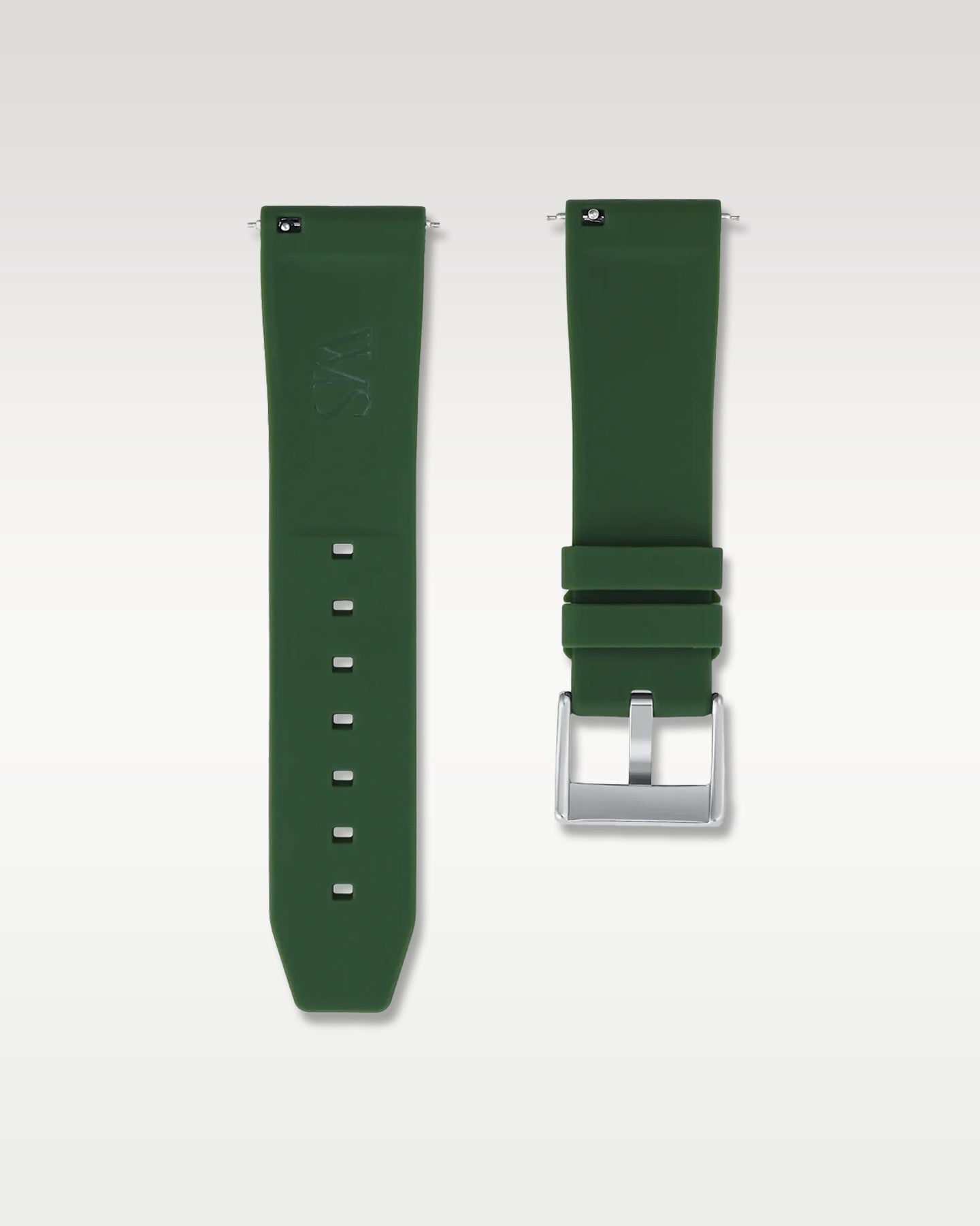 Rear side of WISSTRAPS 22mm Forest Green quick release rubber watch strap at Grand Caliber Dallas