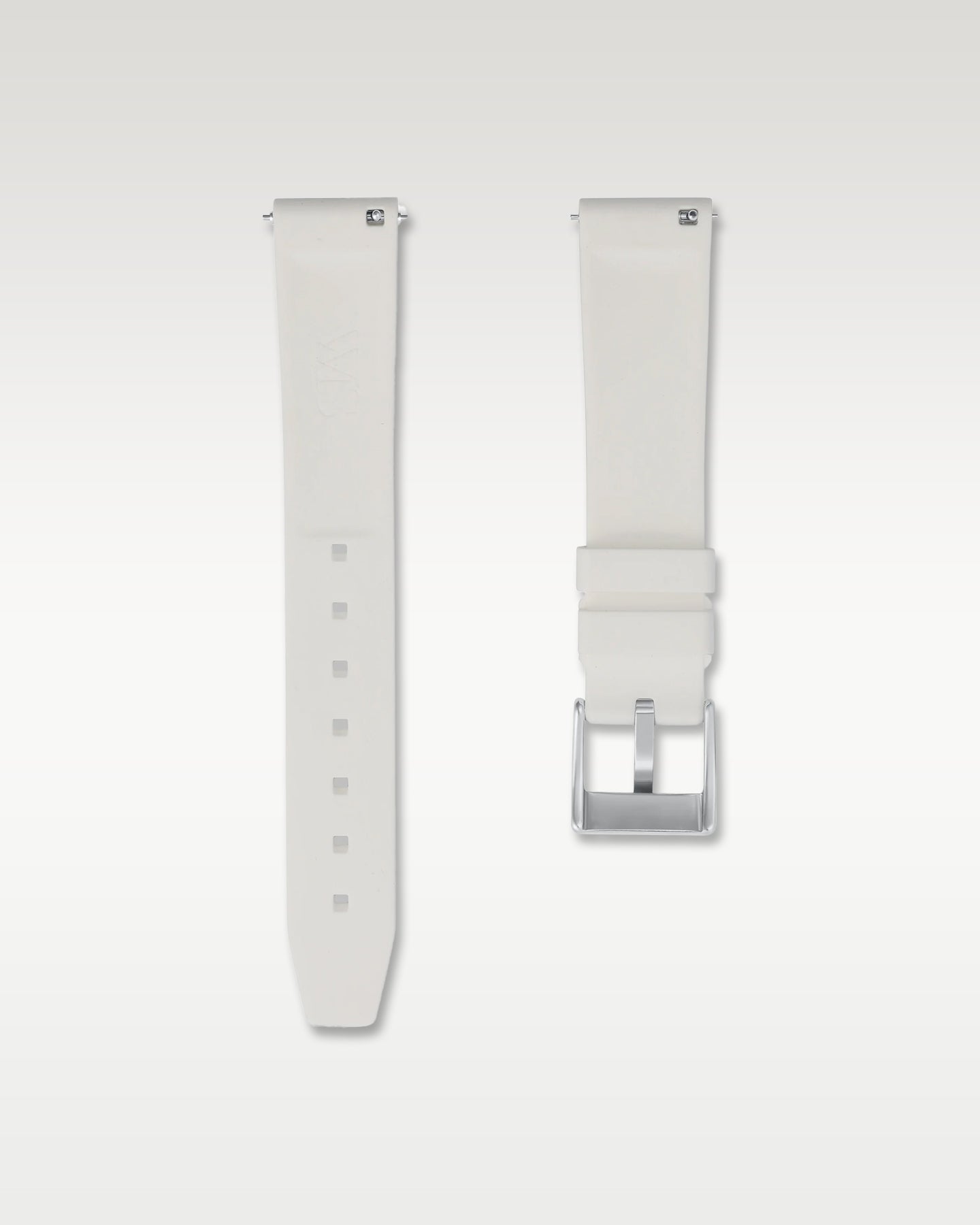 Underside view of WISSTRAPS 18mm polar white quick release rubber watch strap showing logo and quick-release spring bars