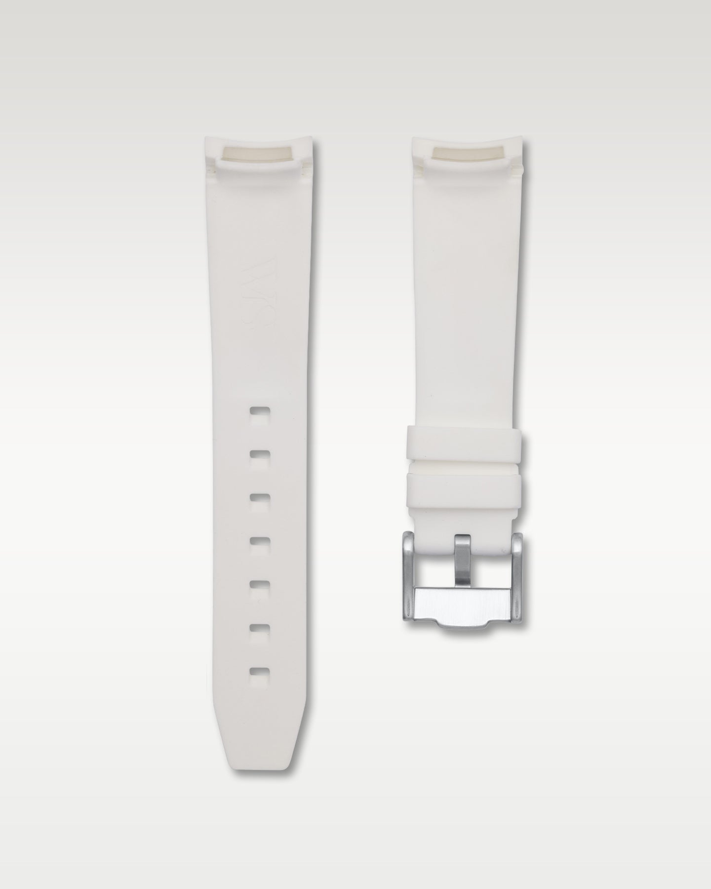Full view of WISSTRAPS 20mm integrated curved end rubber watch strap in white with red center stripe