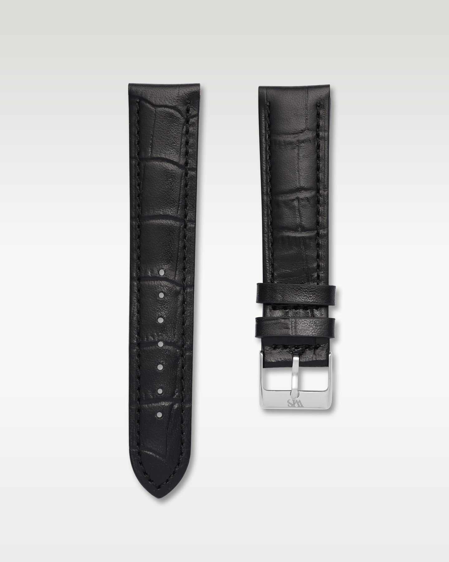 WISSTRAPS 20mm Tuxedo Black Italian calf leather alligator grain watch strap with engraved brushed silver buckle
