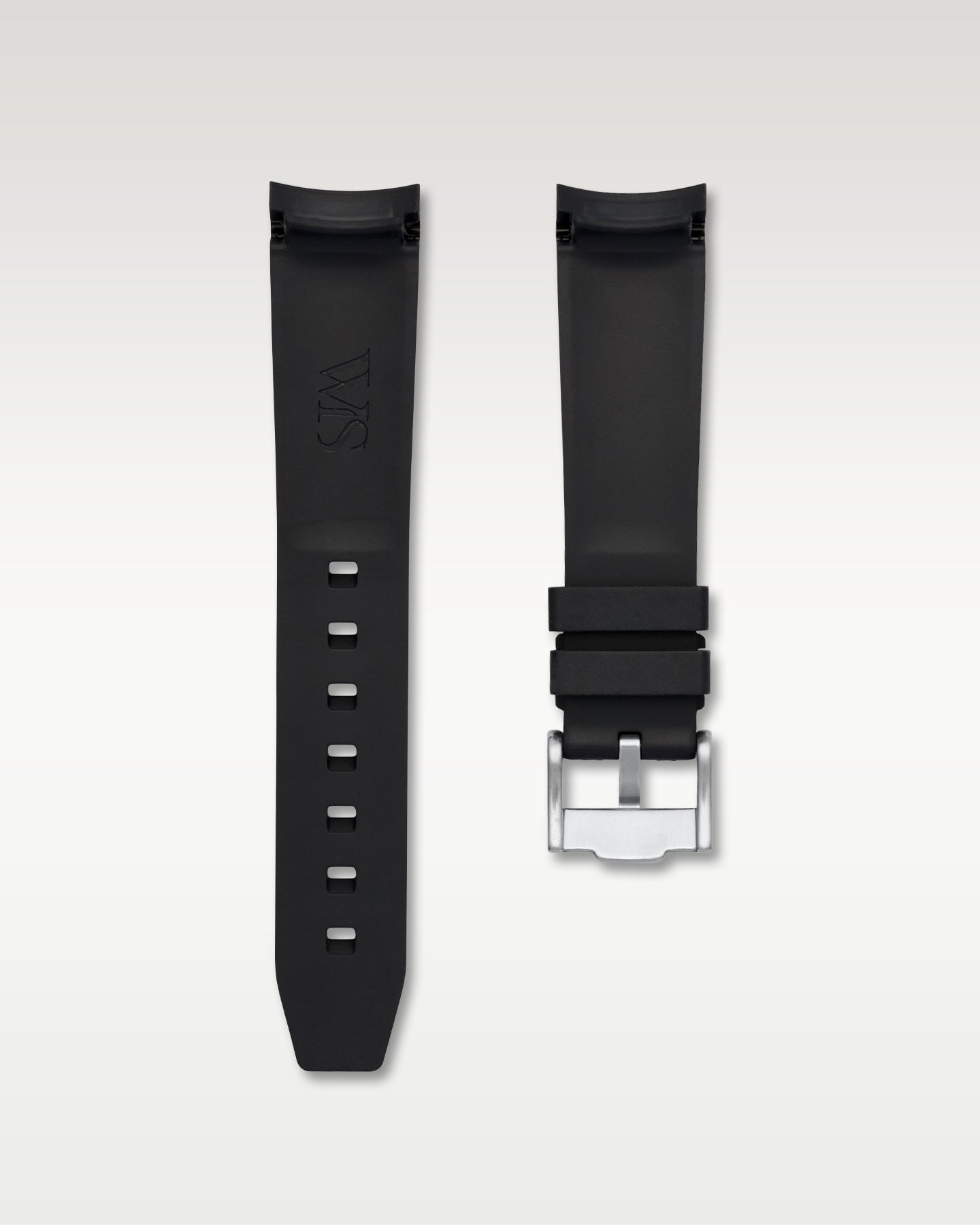 Back view of WISSTRAPS 20mm integrated curved end rubber watch strap in black with blue center stripe