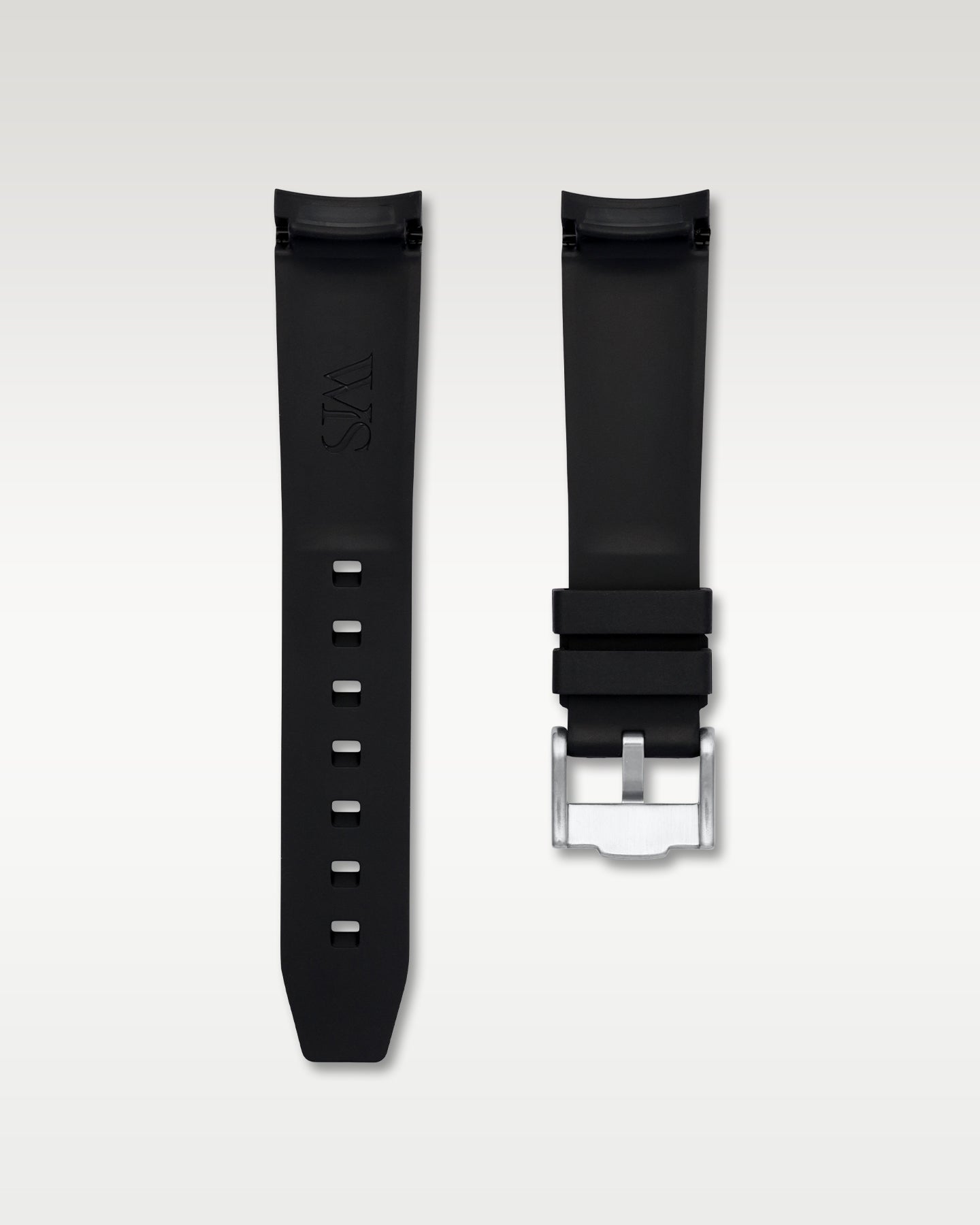 Full view of WISSTRAPS 20mm integrated curved end rubber watch strap in black with white center stripe