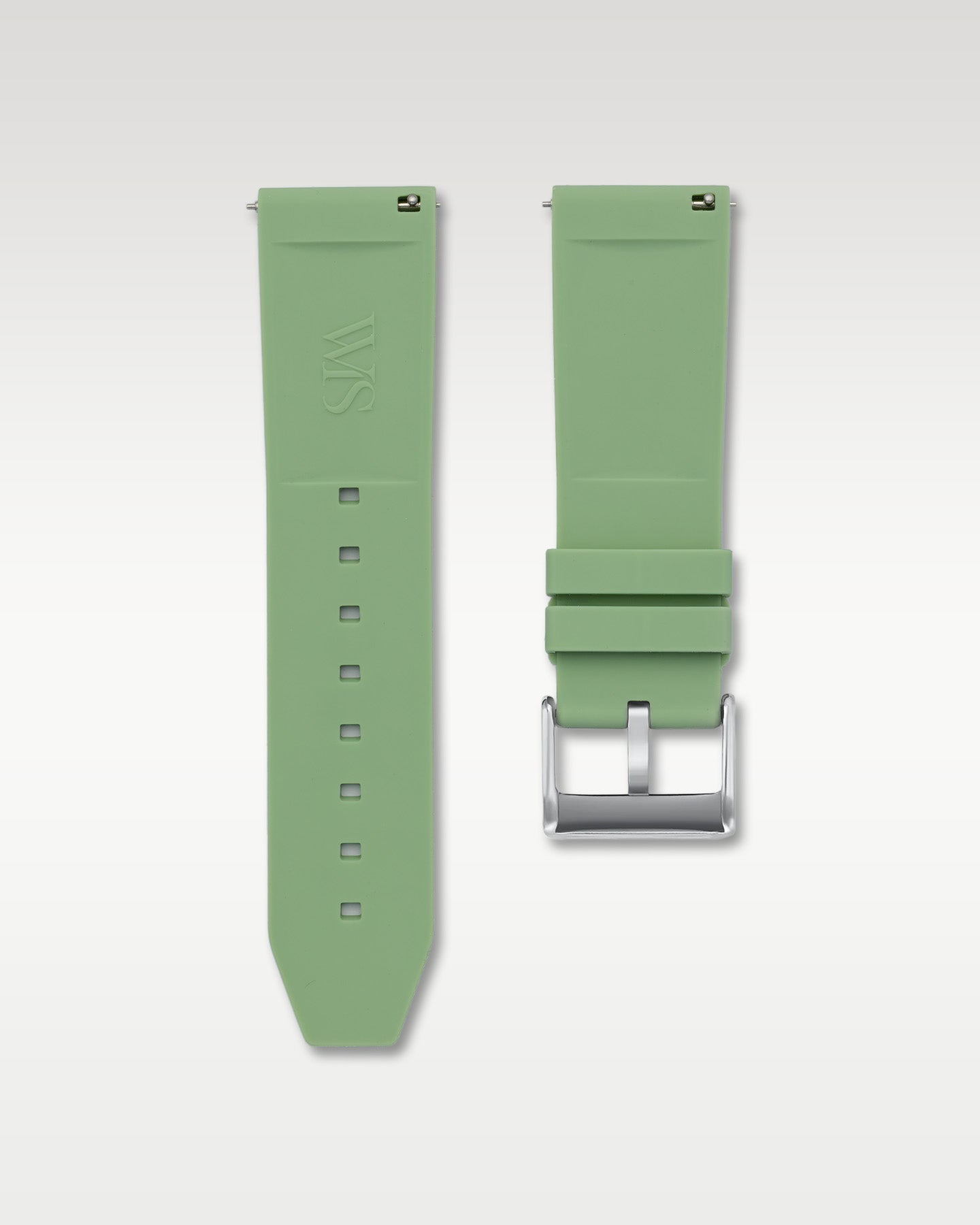 Underside view of 24mm WISSTRAPS sage green quick release rubber watch strap with quick-release spring bars