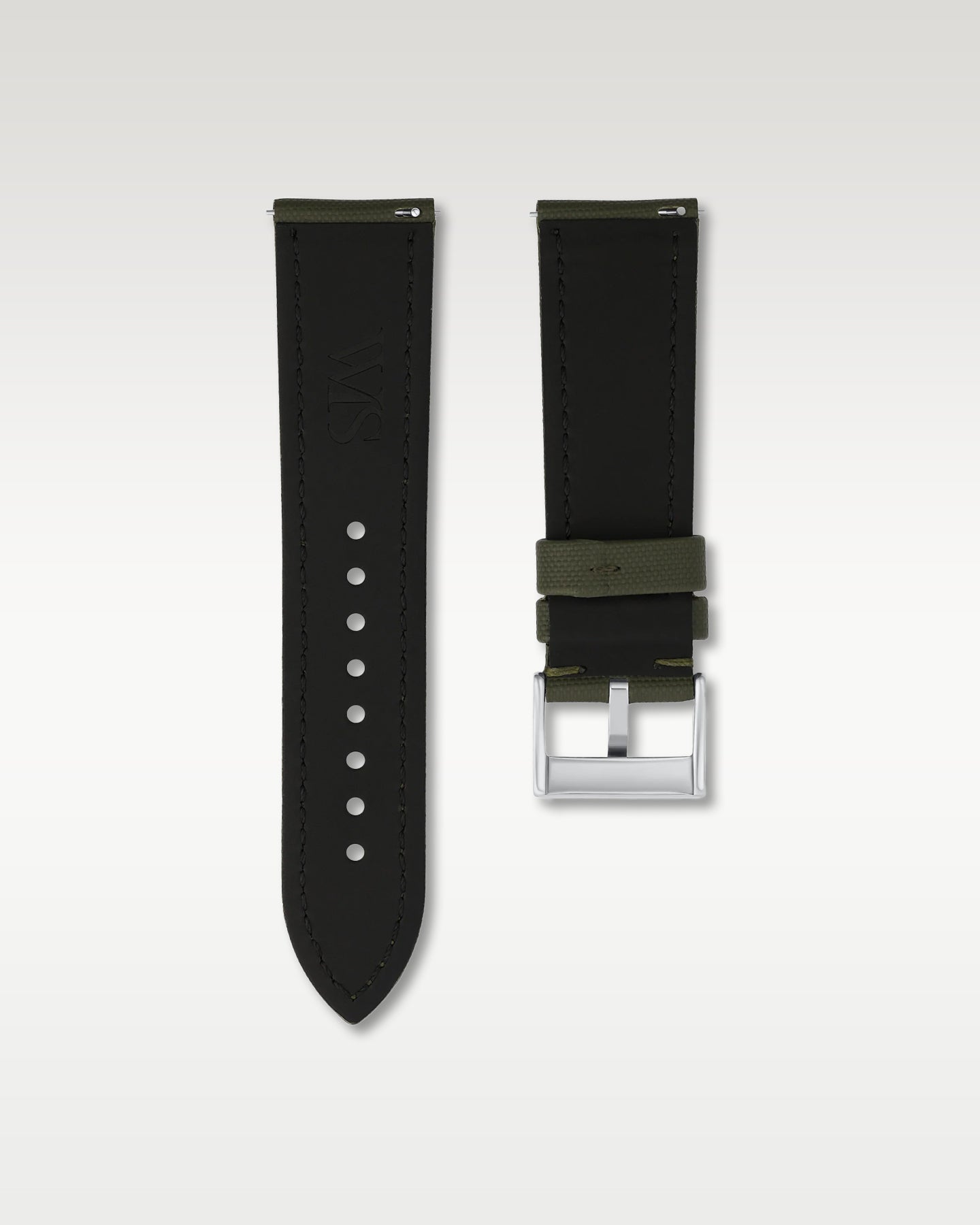 reverse side view of a 24mm army green watch band showing black inner lining, integrated quick-release levers, and engraved WIS buckle