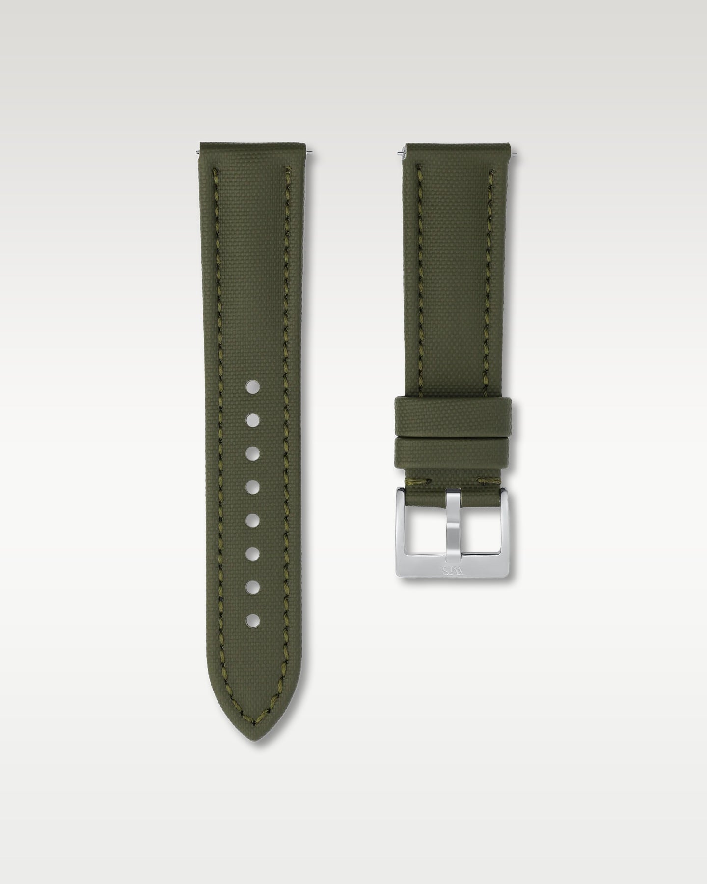 Front view of a 22mm tactical army green sailcloth watch strap showing its cross-hatch weave, green stitching, and brushed buckle