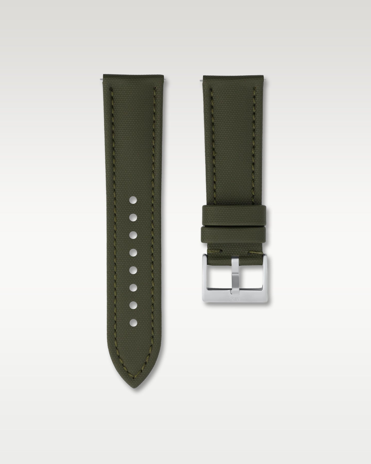 Front view of a 24mm tactical army green sailcloth watch strap showing its cross-hatch fabric weave and brushed steel pin buckle