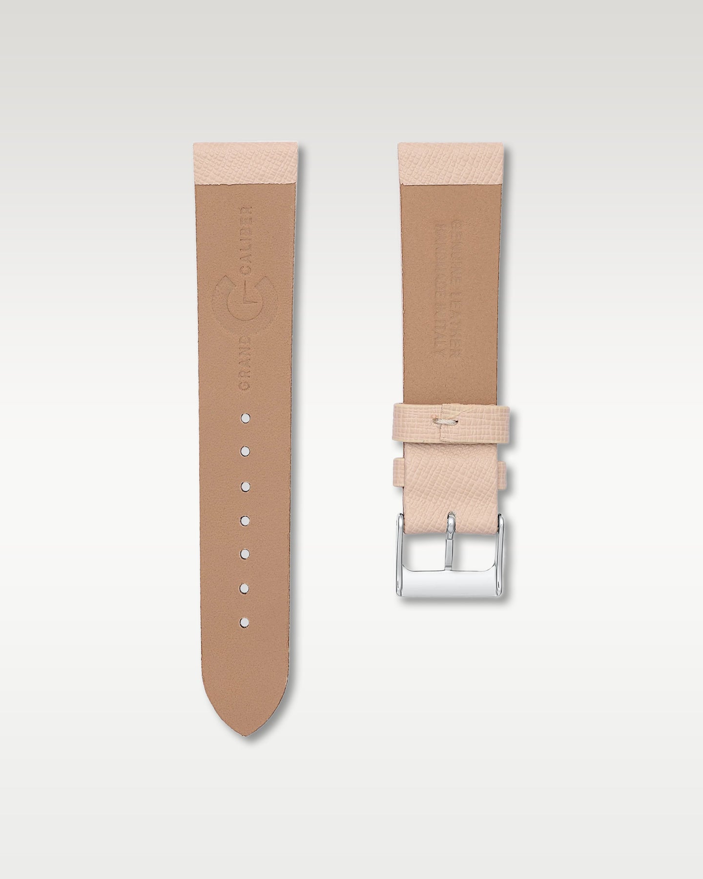 Underside view of WISSTRAPS 20mm Beige Saffiano leather watch strap showing soft tan lining and stamped brand logo
