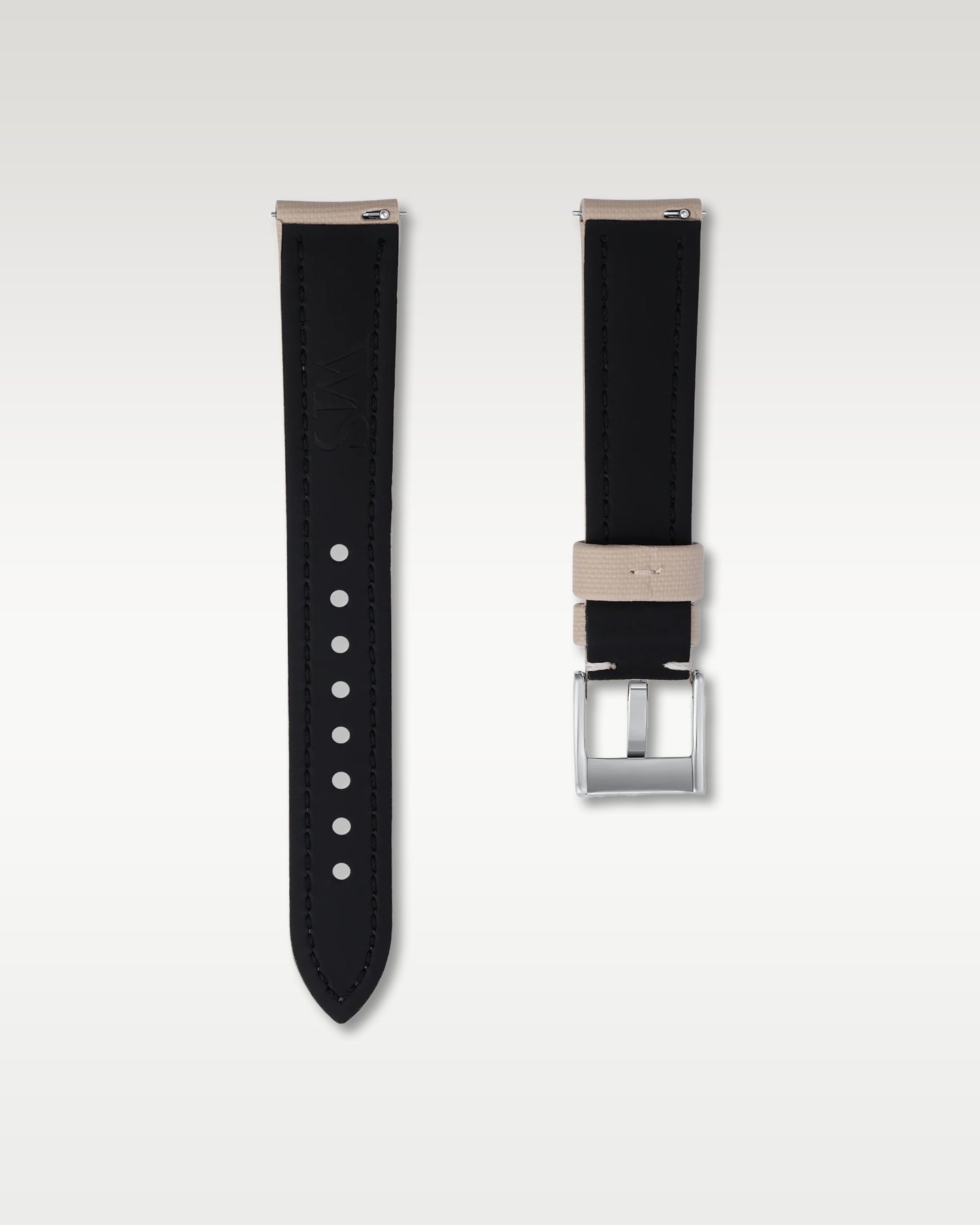 Pair view of WISSTRAPS 18mm Beige sailcloth watch strap showing black lining, quick release pins, and brushed buckle