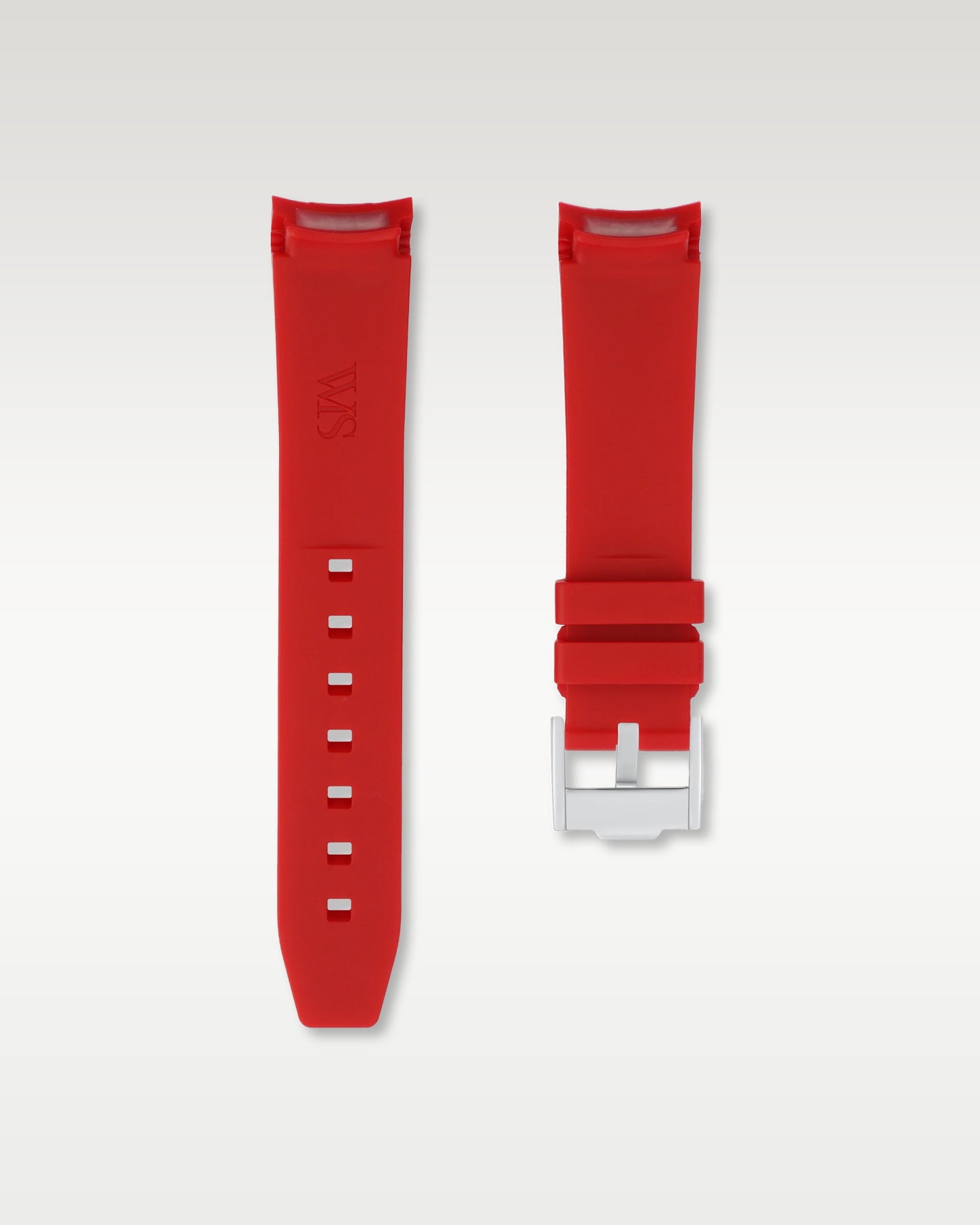 Pair view of WISSTRAPS 20mm Crimson Red curved end rubber watch strap with pre-installed silver pin buckle