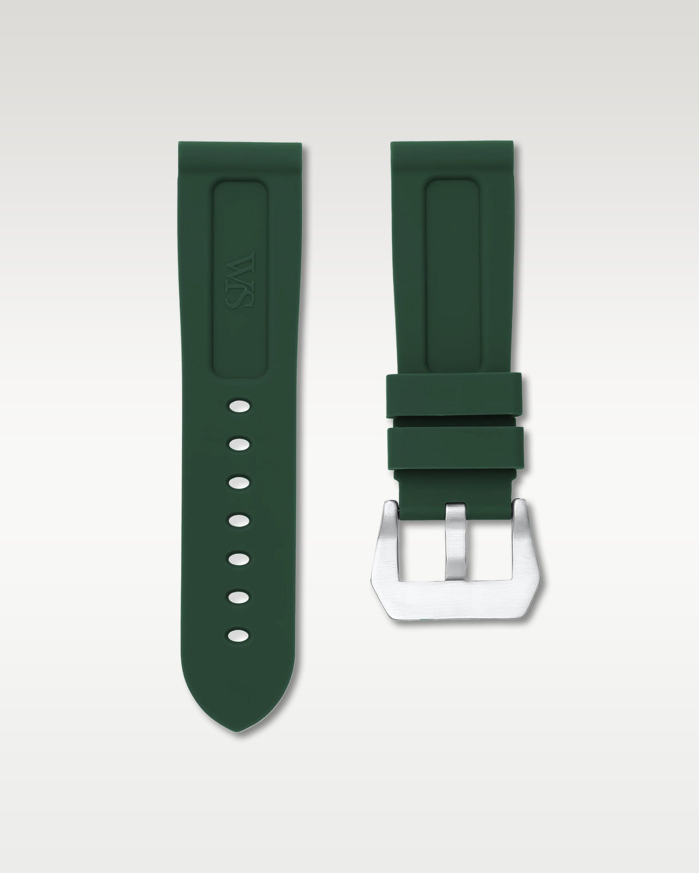 Back view of WISSTRAPS 24mm Forest Green calibrated rubber watch strap showing seamless case alignment and spring bars