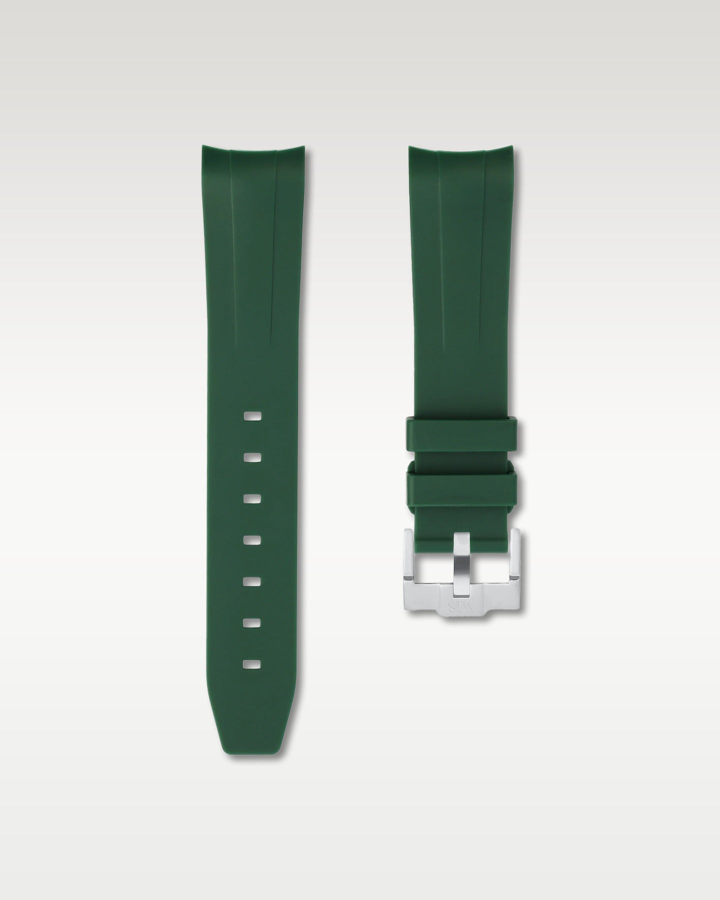 WISSTRAPS 20mm Forest Green integrated curved end rubber watch strap featuring a seamless flush lug fit and brushed stainless steel buckle