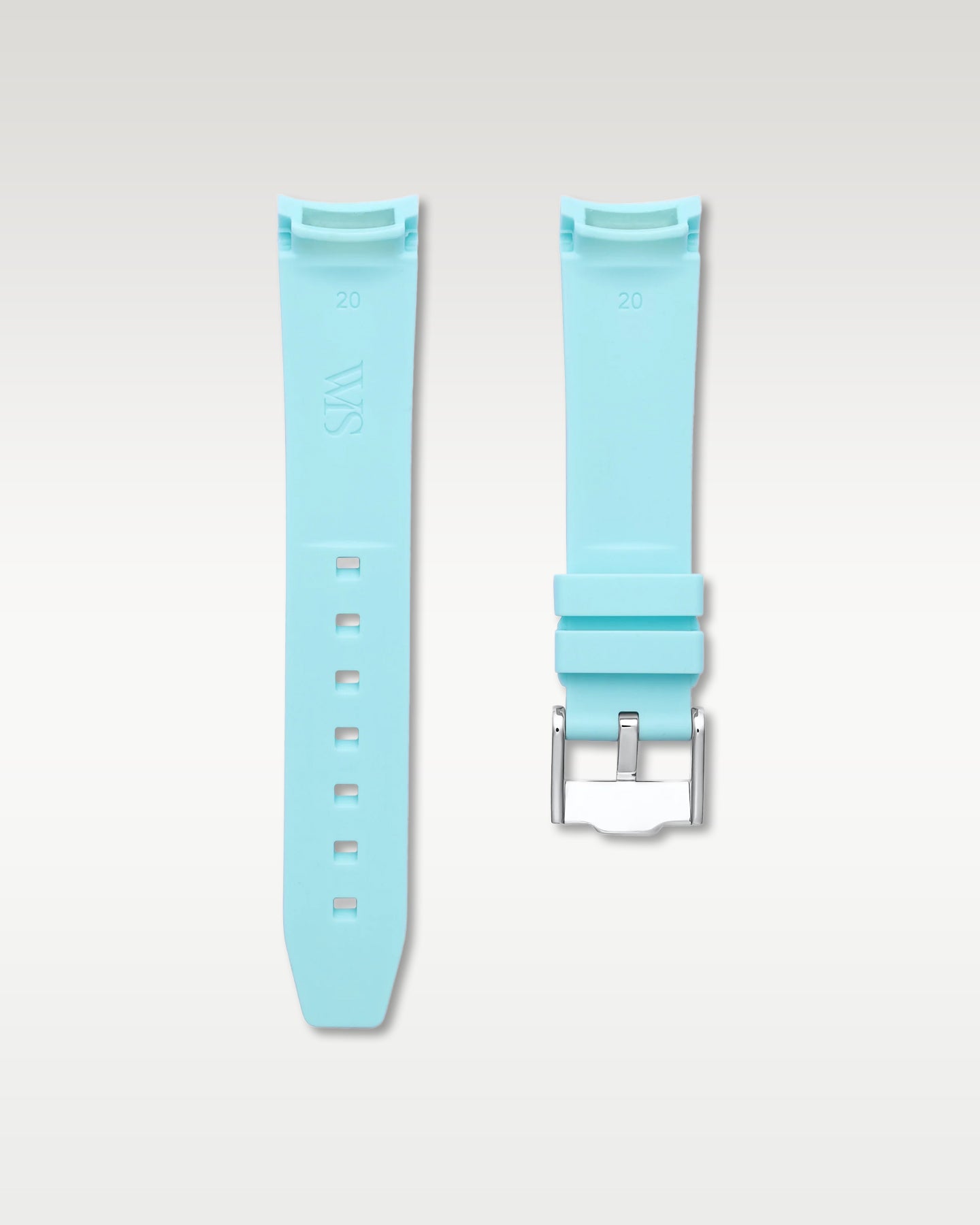 Pair view of WISSTRAPS 20mm Glacier Blue curved end rubber watch strap with pre-installed silver pin buckle