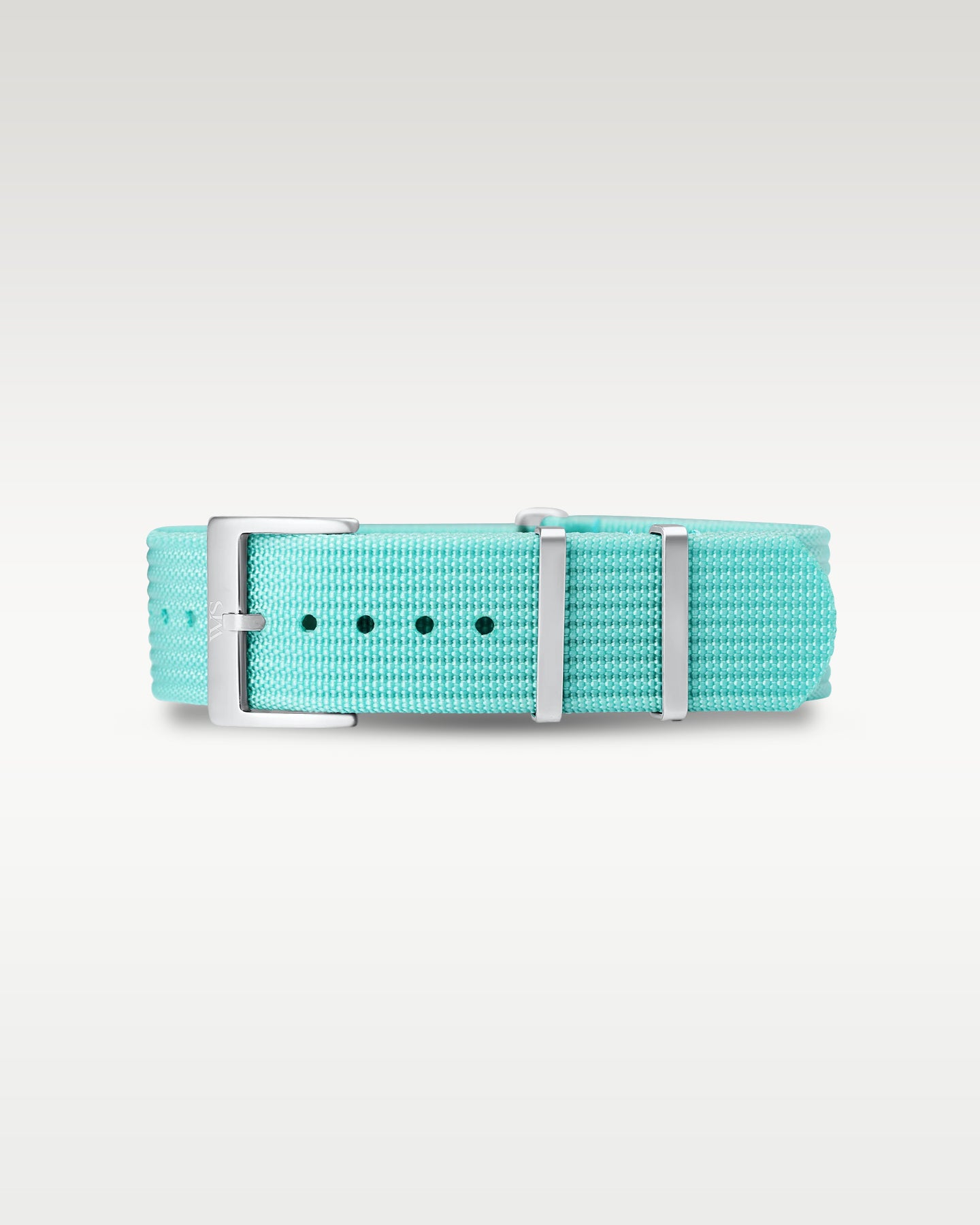 Flat layout view of a steel lagoon blue woven nylon watch strap folded with brushed silver hardware