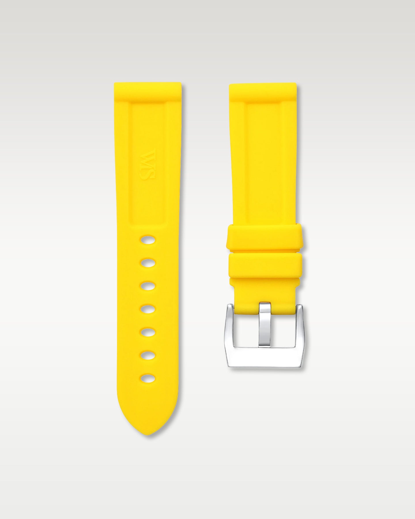 Pair view of WISSTRAPS 22mm Lemon Yellow calibrated rubber watch strap with pre-installed silver pin buckle and spring bars