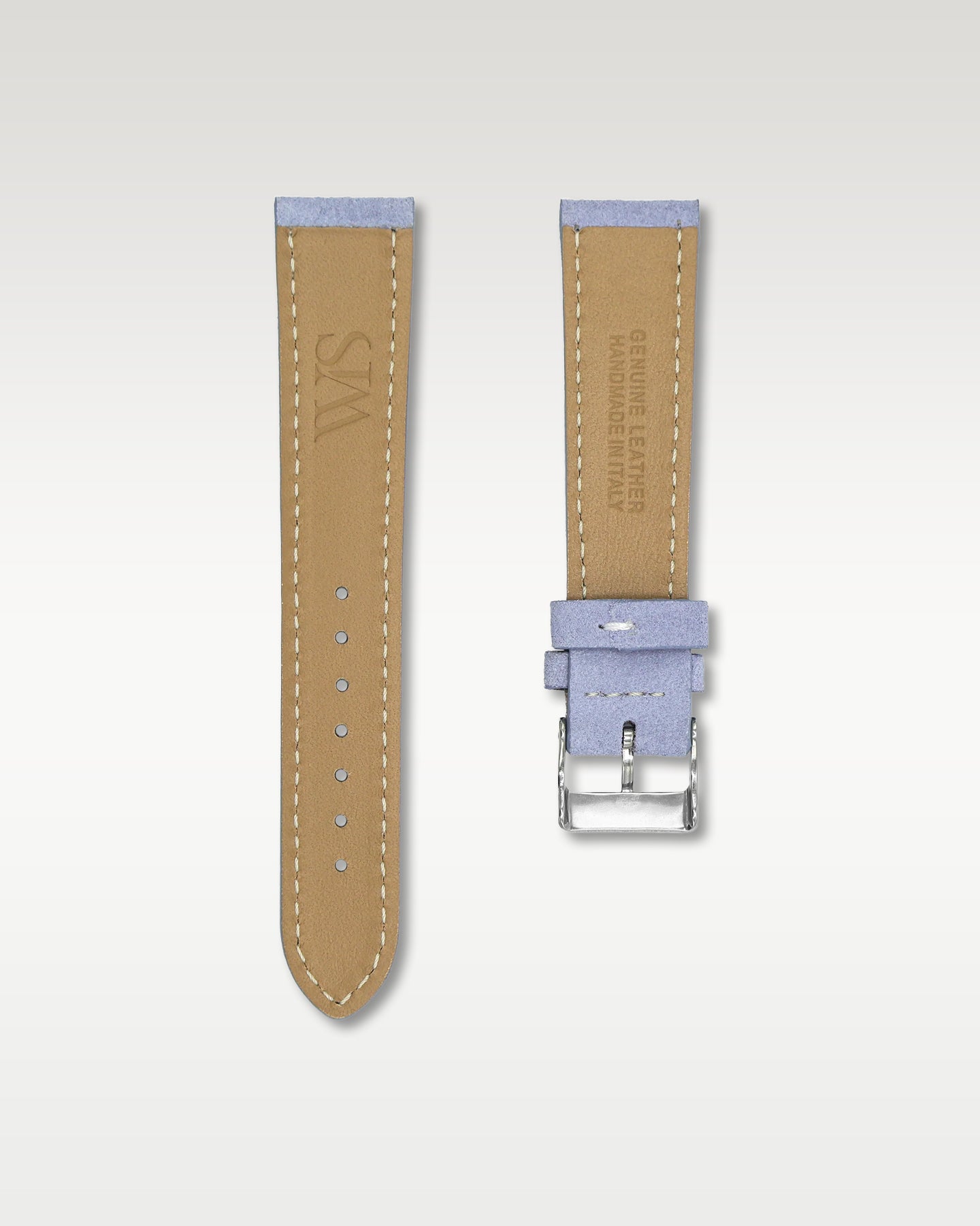Underside view of WISSTRAPS 20mm Lilac suede leather watch strap showing soft tan lining and stamped brand logo