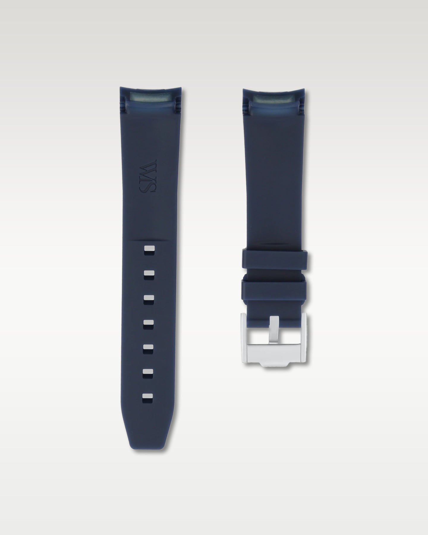 Pair view of WISSTRAPS 20mm Marine Blue curved end rubber watch strap with pre-installed silver pin buckle