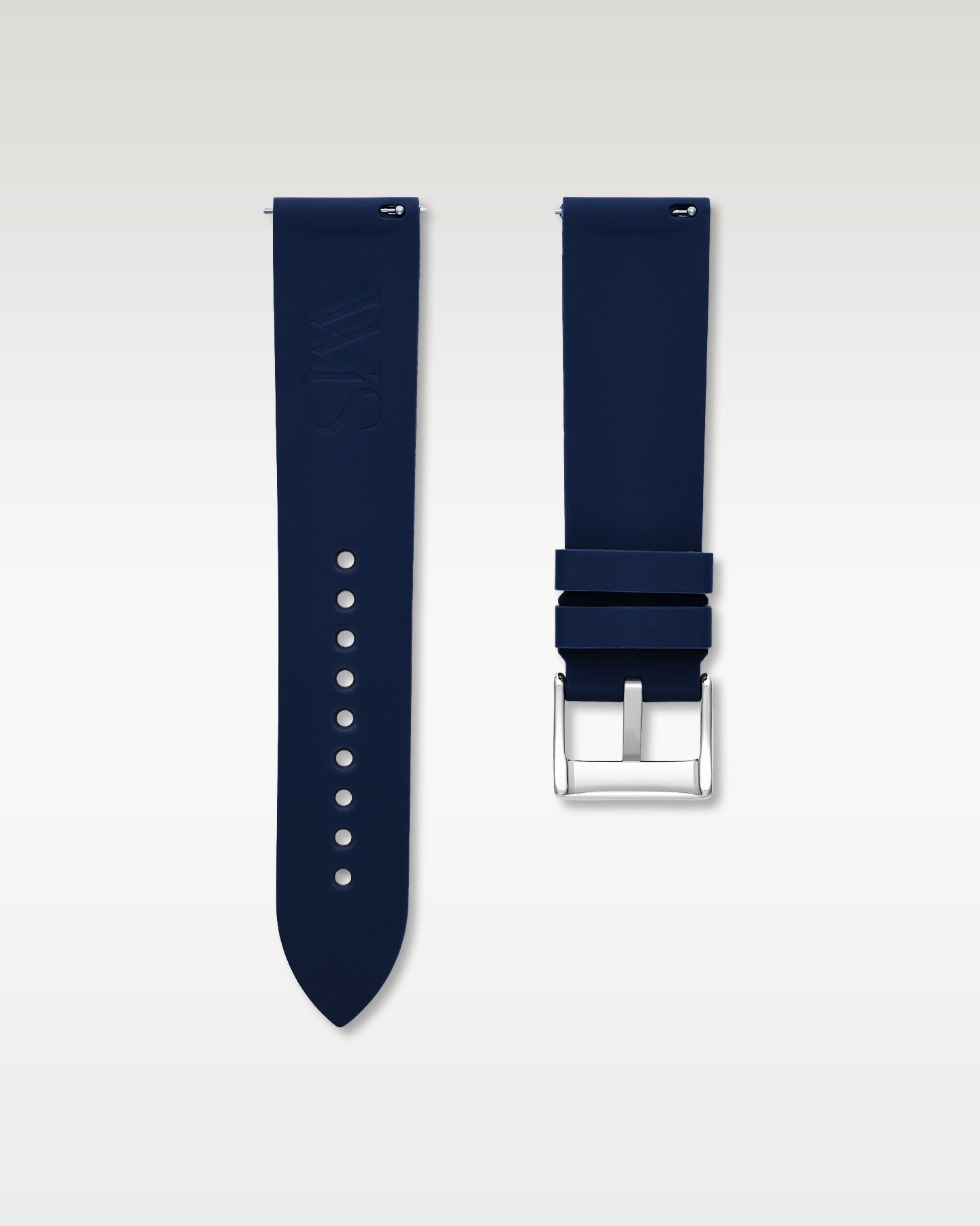 Pair view of WISSTRAPS 22mm Marine Blue quick release rubber watch strap with pre-installed silver pin buckle and quick release spring bars