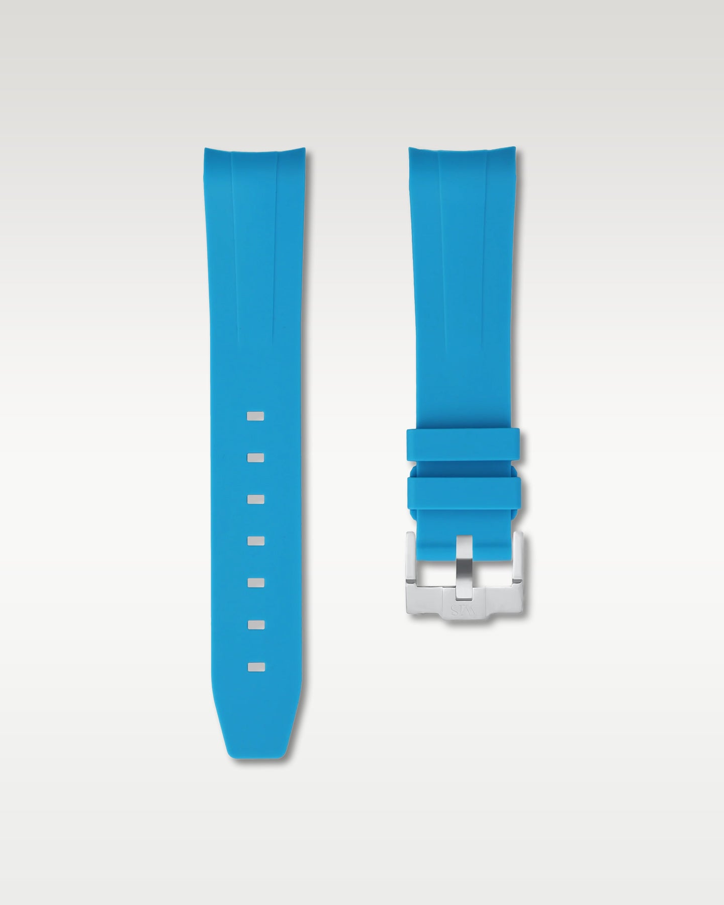 WISSTRAPS 20mm Miami Blue integrated curved end rubber watch strap featuring a seamless flush lug fit and brushed stainless steel buckle