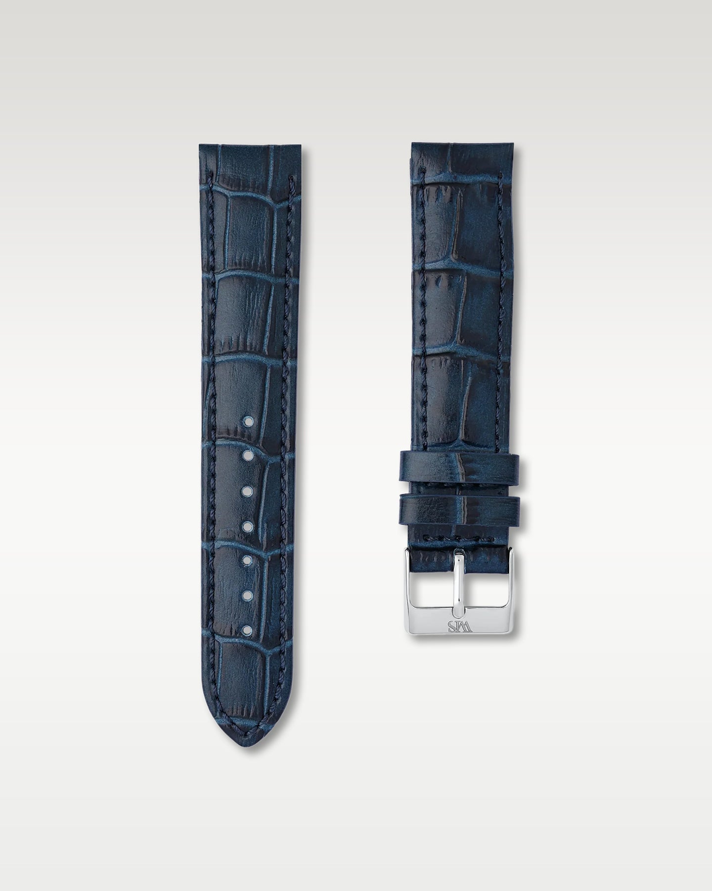 WISSTRAPS 20mm Midnight Blue Italian alligator embossed leather watch strap featuring matching blue stitching and a stainless steel buckle