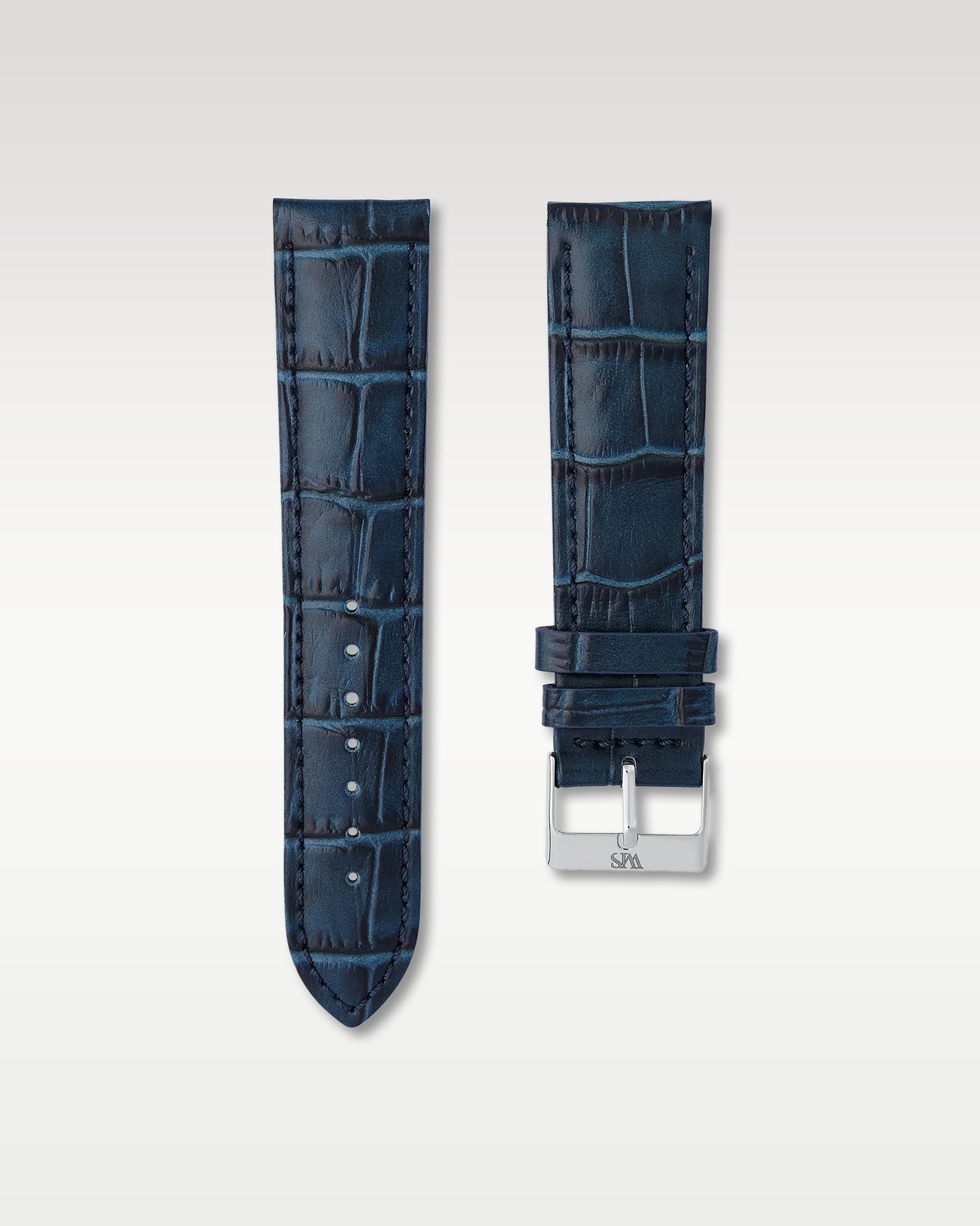 WISSTRAPS 22mm Midnight Blue Italian alligator embossed leather watch strap with matching blue stitching and a stainless steel buckle