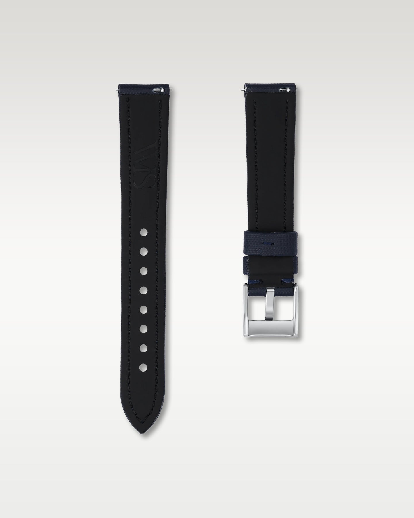 Pair view of WISSTRAPS 18mm Midnight Blue sailcloth watch strap with pre-installed quick release spring bars and brushed buckle