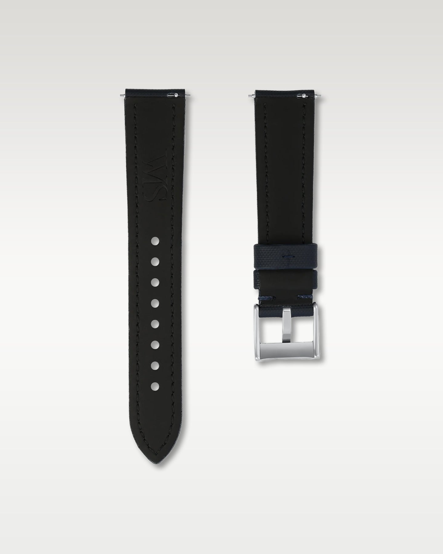 underside view of WISSTRAPS 20mm Midnight Blue sailcloth watch strap showing quick release pins and brushed pin buckle