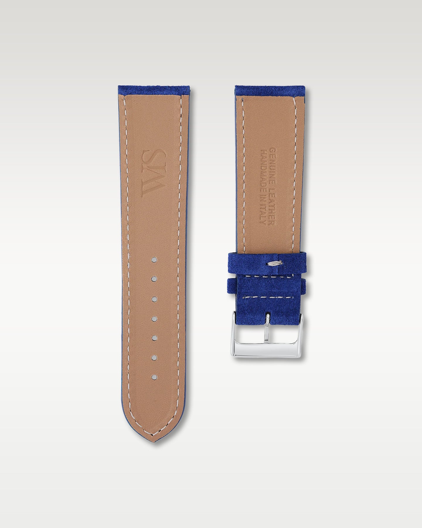 Underside view of WISSTRAPS 24mm Ocean Blue suede leather watch strap showing soft tan lining and stamped brand logo