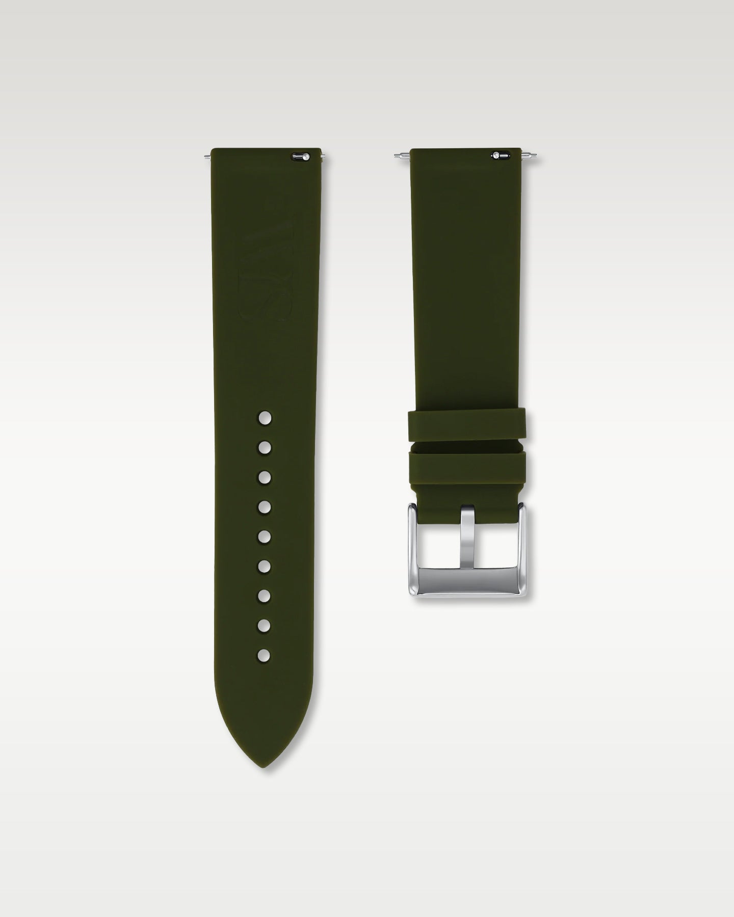 Pair view of WISSTRAPS 22mm Olive Green quick release rubber watch strap with pre-installed silver pin buckle and quick release spring bars