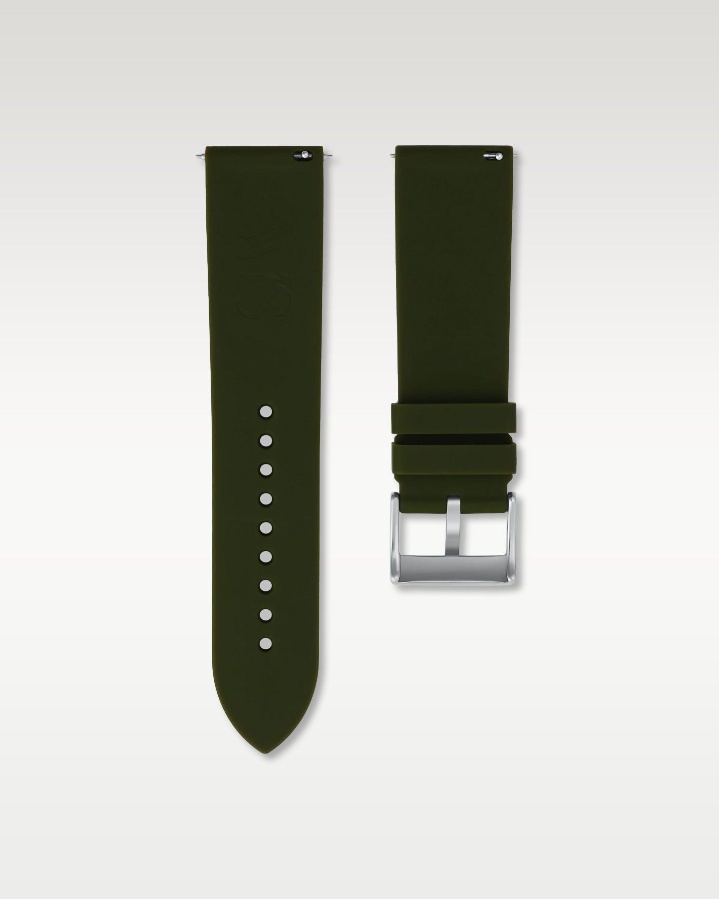 Back view of WISSTRAPS 24mm Olive Green quick release rubber watch strap with pre-installed silver pin buckle and quick release spring bars
