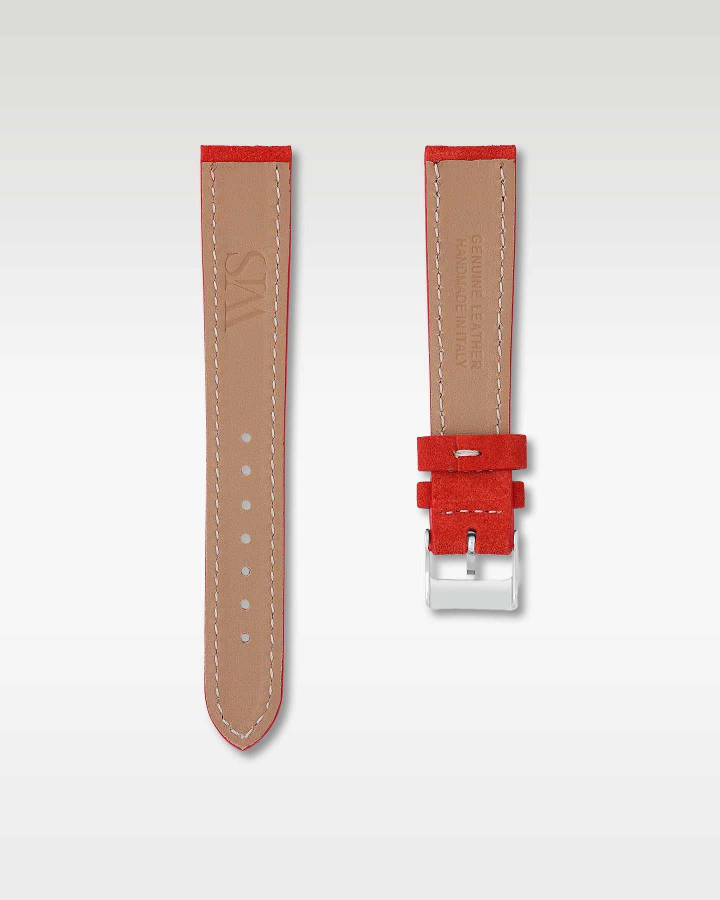 Underside view of WISSTRAPS 18mm Salmon Red suede leather watch strap showing soft tan lining and stamped brand logo