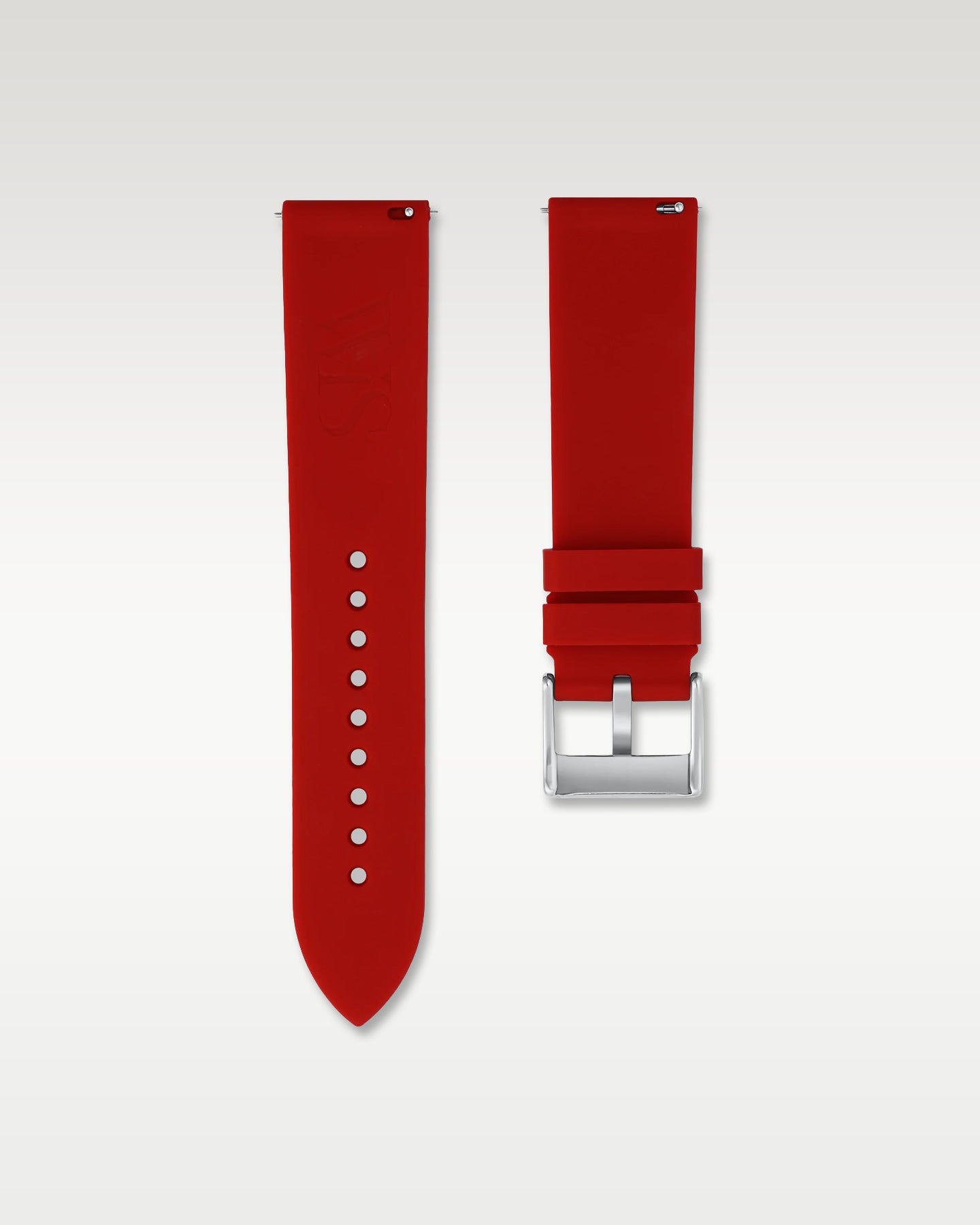 Pair view of WISSTRAPS 22mm Scarlet Red quick release rubber watch strap with pre-installed silver pin buckle and quick release spring bars