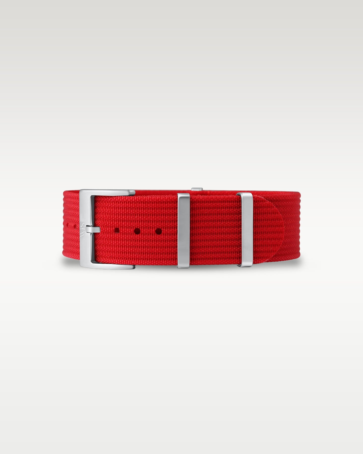 Flat view of a vibrant scarlet red woven nylon watch strap folded with brushed steel keepers