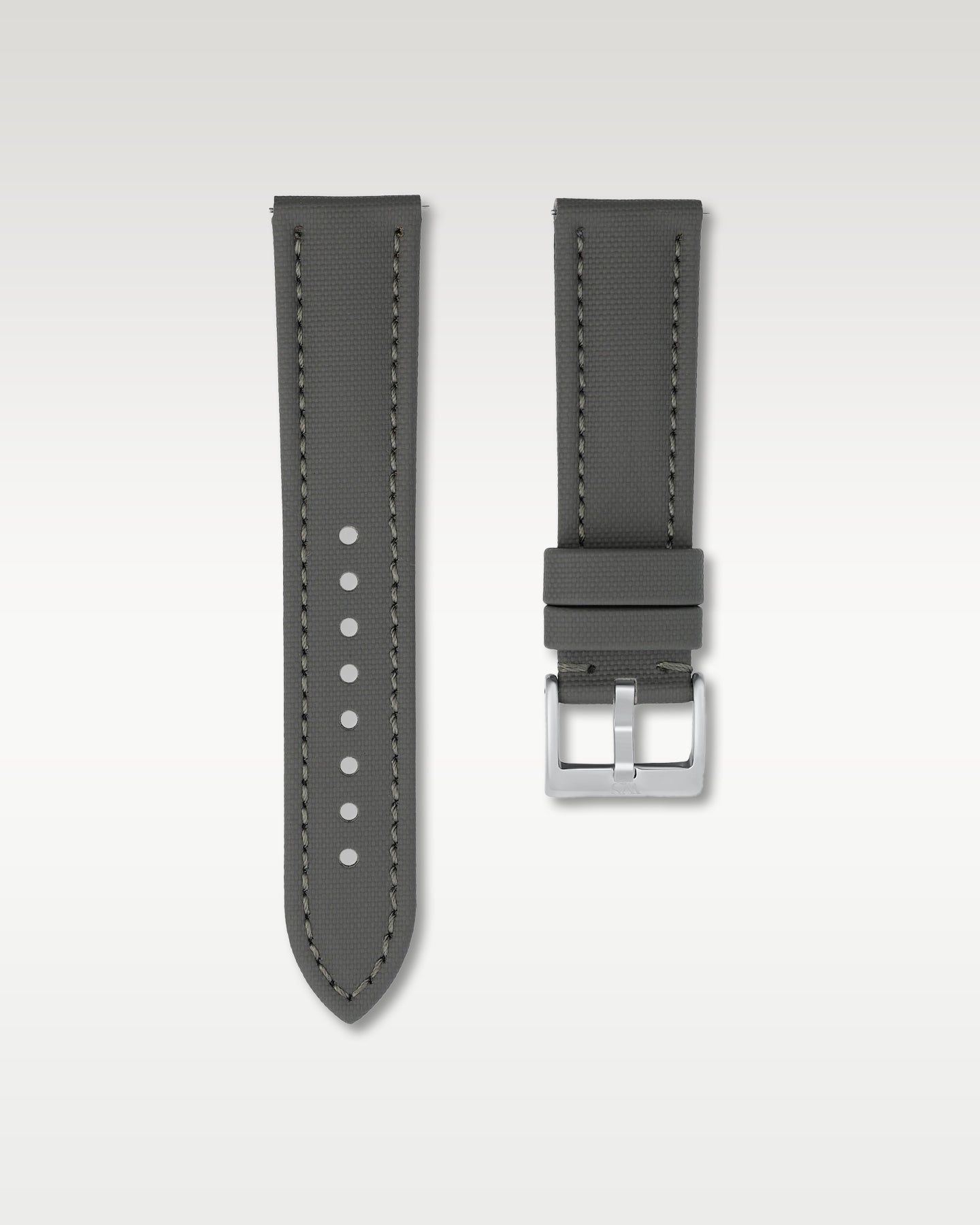 Front layout view of a 22mm slate grey sailcloth watch band highlighting its cross-hatch fabric weave and brushed steel pin buckle